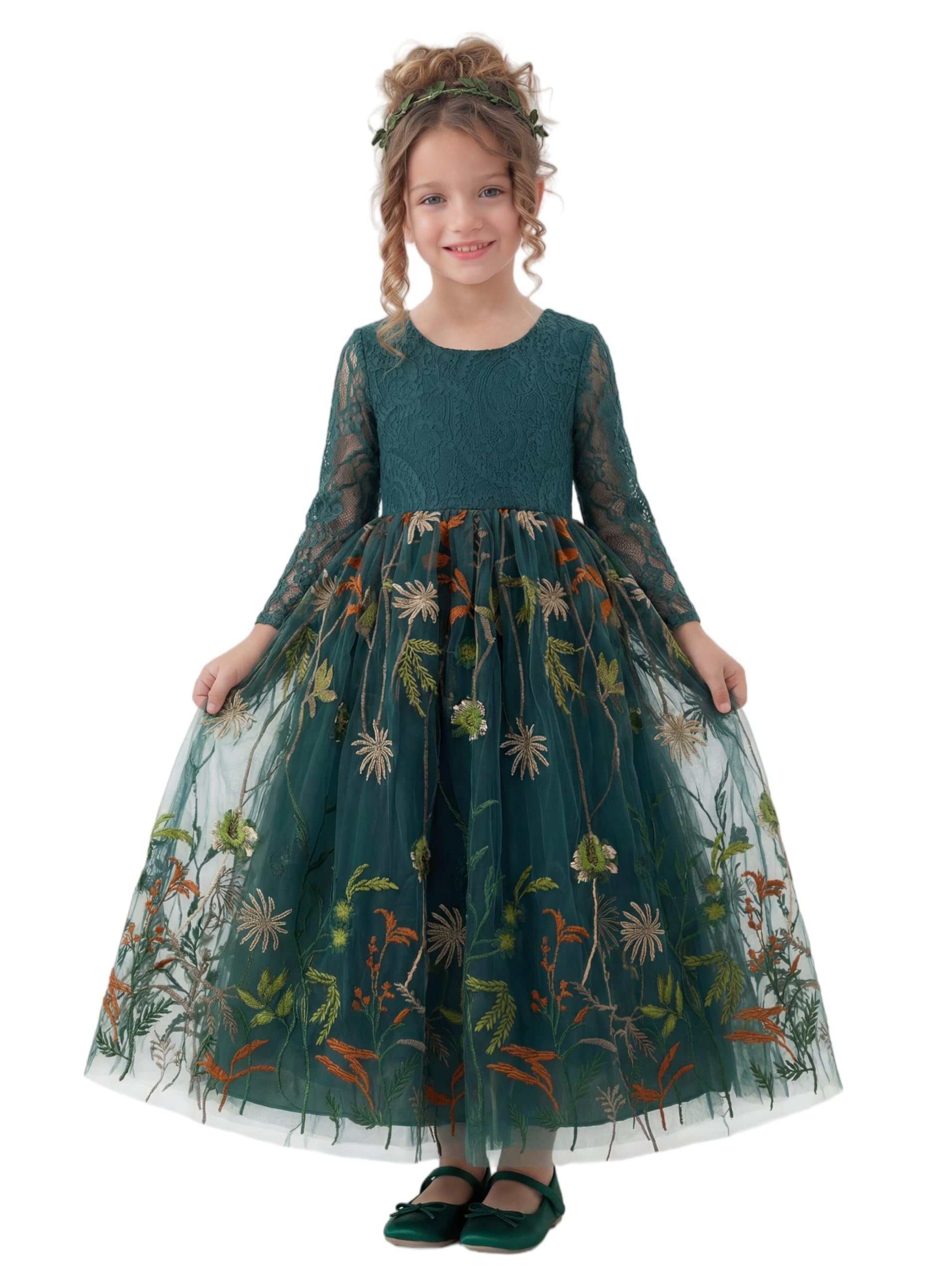 LalaMira Flower Girl Dress, Enchanted Fairy Floral Embroidered Lace Back V-Neck Half Sleeve Tulle Gown