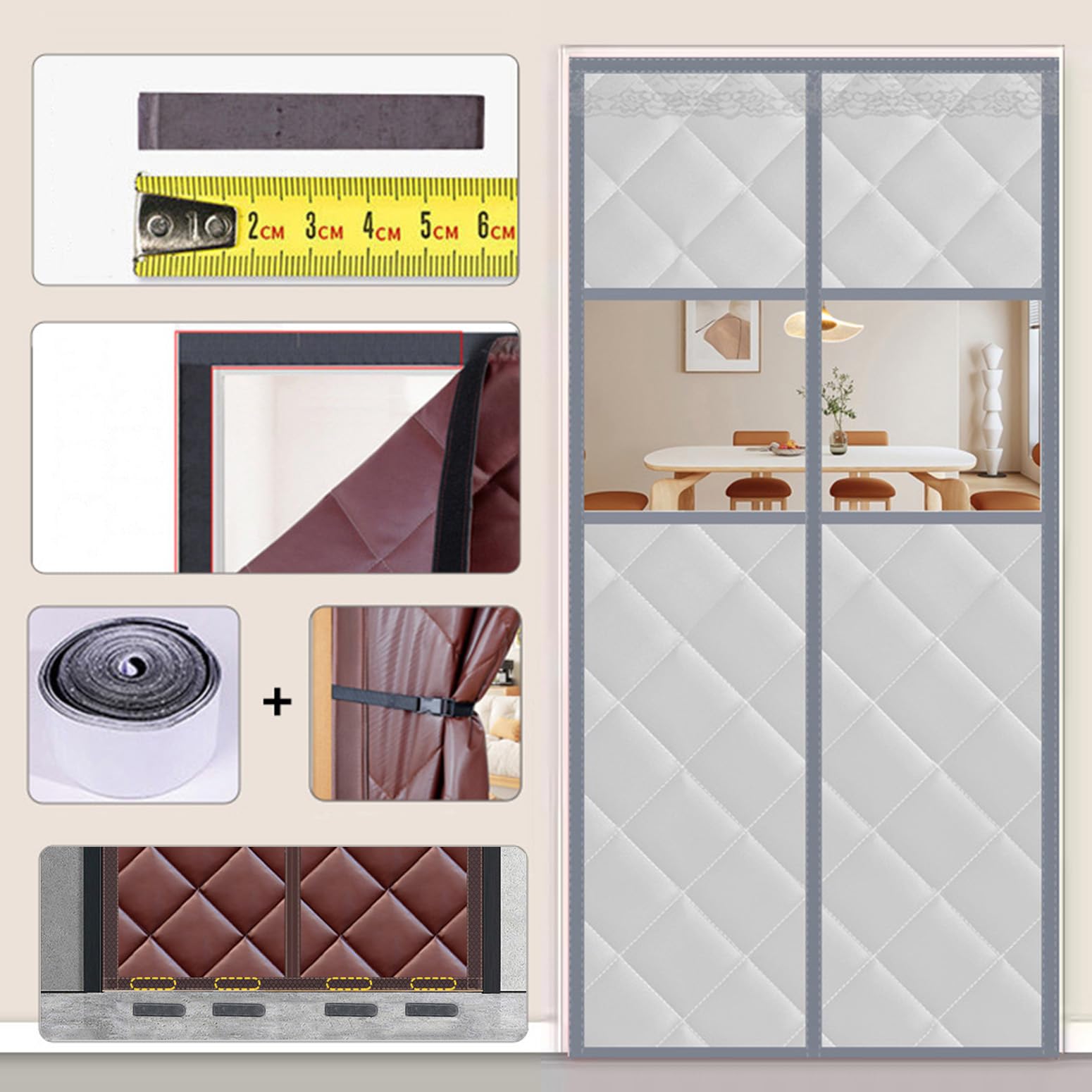 Thermo Türvorhang Kälteschutz Wärmeschutzvorhang für Türen,Isolier Schutz Vorhang mit transparentem Fenster,Wasserdicht,Winddicht,Selbstklebend,Automatisches Schließen (95cm x 210cm,Grau)