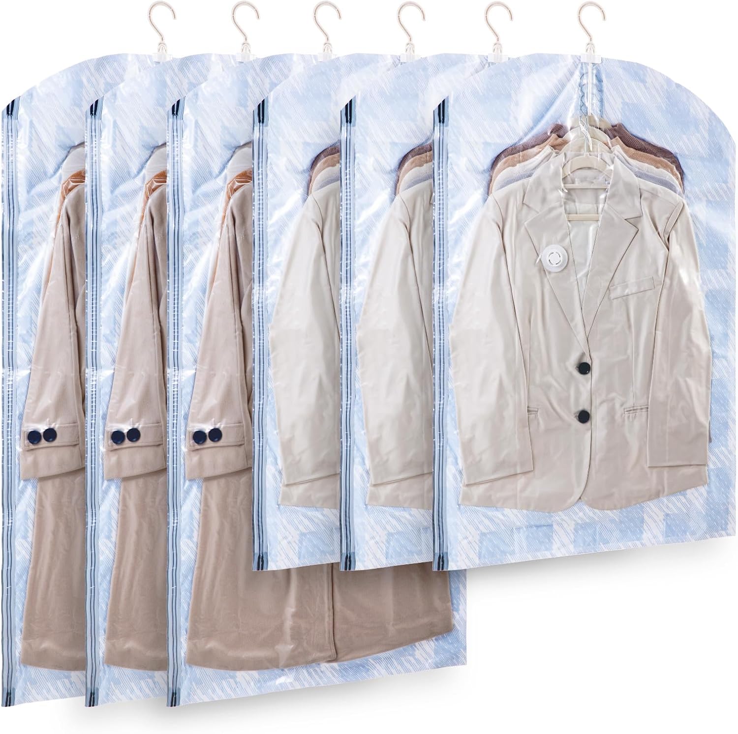 LEVERLOC Hanging Vacuum Seal Storage Space Saver Bags for Clothes, Coats, Clothing Garment Bags, Blue Coastline, 3 Long 3 Medium (Light Blue) Thumbnail