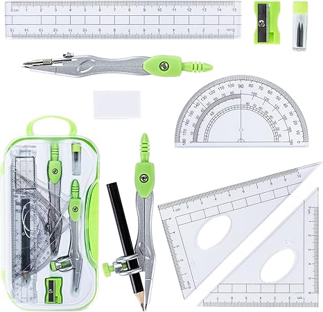 10 Pieces Math Geometry Kit Set with Shatterproof Storage Box, Student Supplies Includes Rulers, Protractor, Compass, Pencil Sharpener, Lead Refills, Pencil, Eraser for School and Drawings