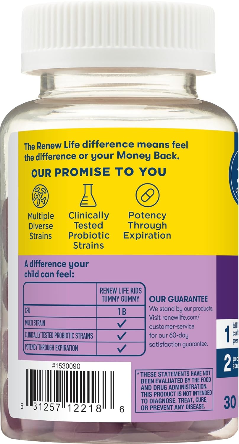 Renew Life Kids Probiotic Gummies, Supports Digestive & Immune Health, Prebiotics & Probiotics, Soy, Dairy & Gluten Free, Raspberry