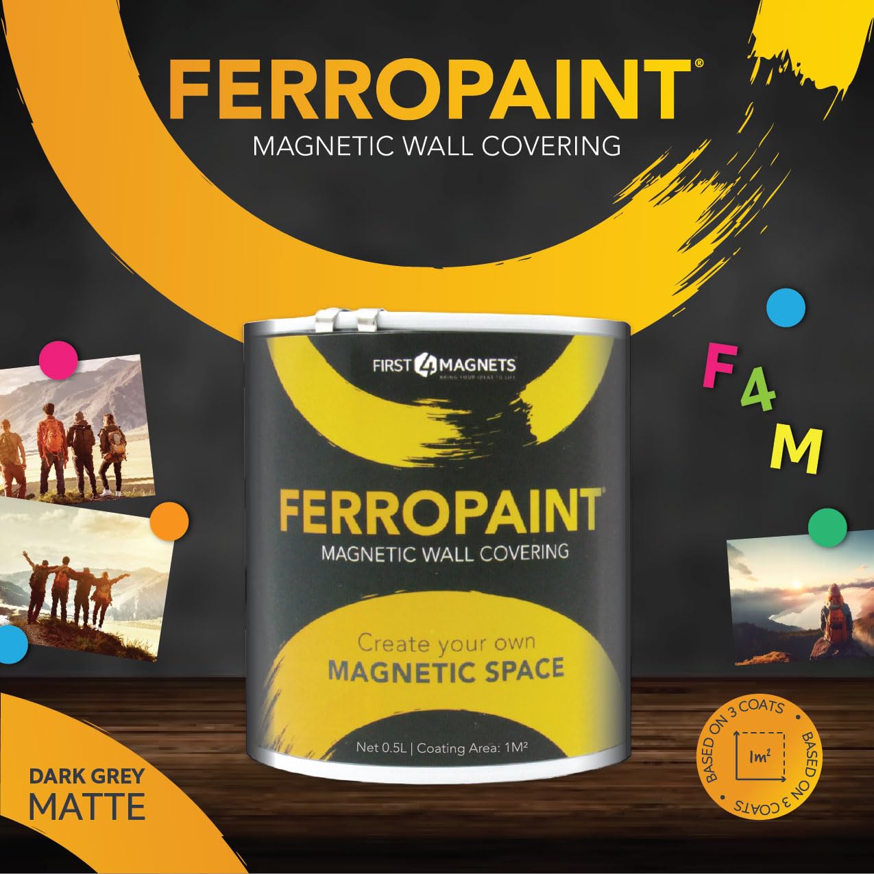 Ferropaint® Charcoal Magnetic Lack Für Wände, Schlafzimmer, Büro, Küche, Spielzimmer, Klassenzimmer, Diy und Renovierung - 0,5 Liter - 5 Dosen