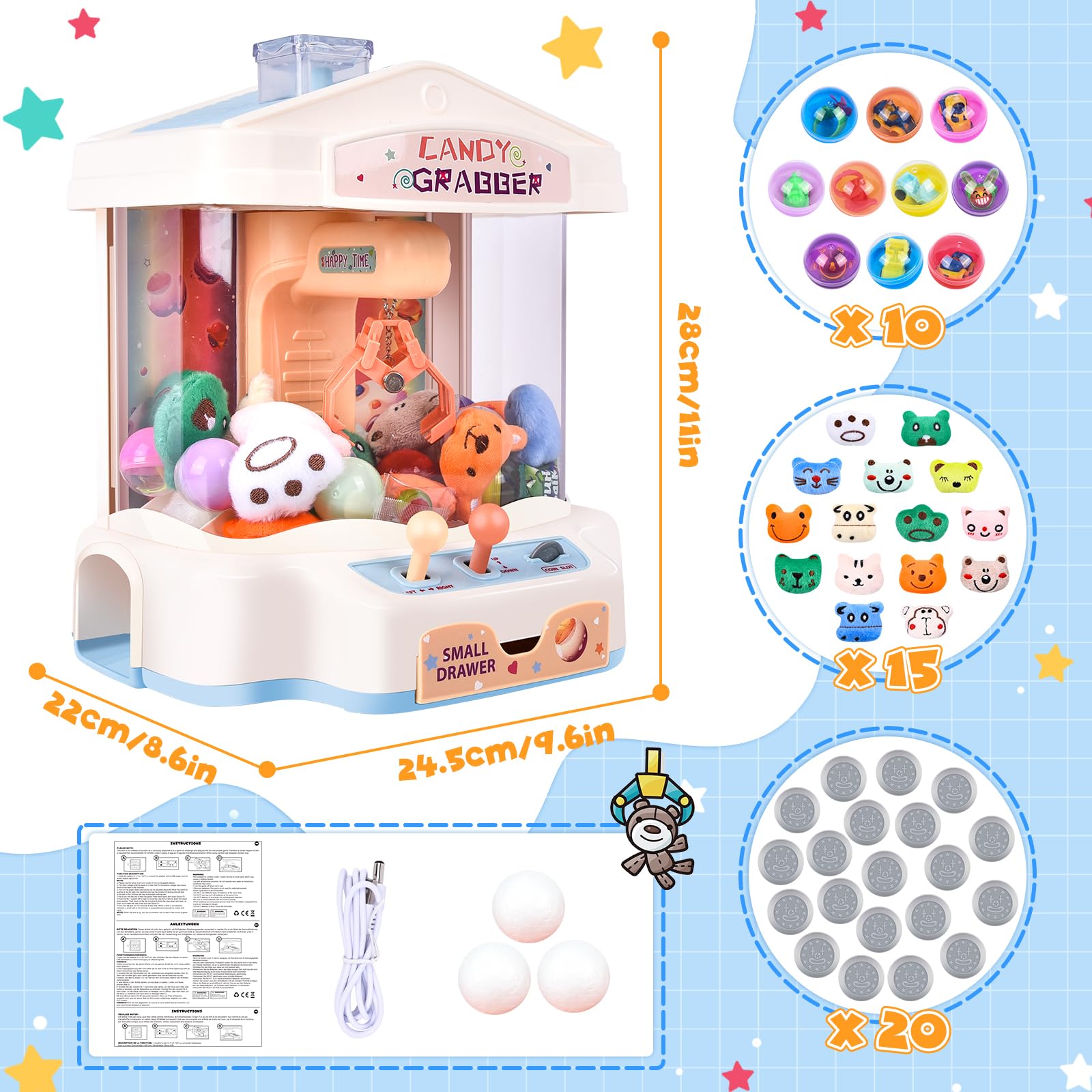 JONRRYIN Macchina ad Artiglio per Bambini, Grabber Caramelle Machine per Bambini con Musica, Macchina Giocattolo Artiglio con 15 Bambole, 20 Valuta di Gioco per Ragazzi e Ragazze