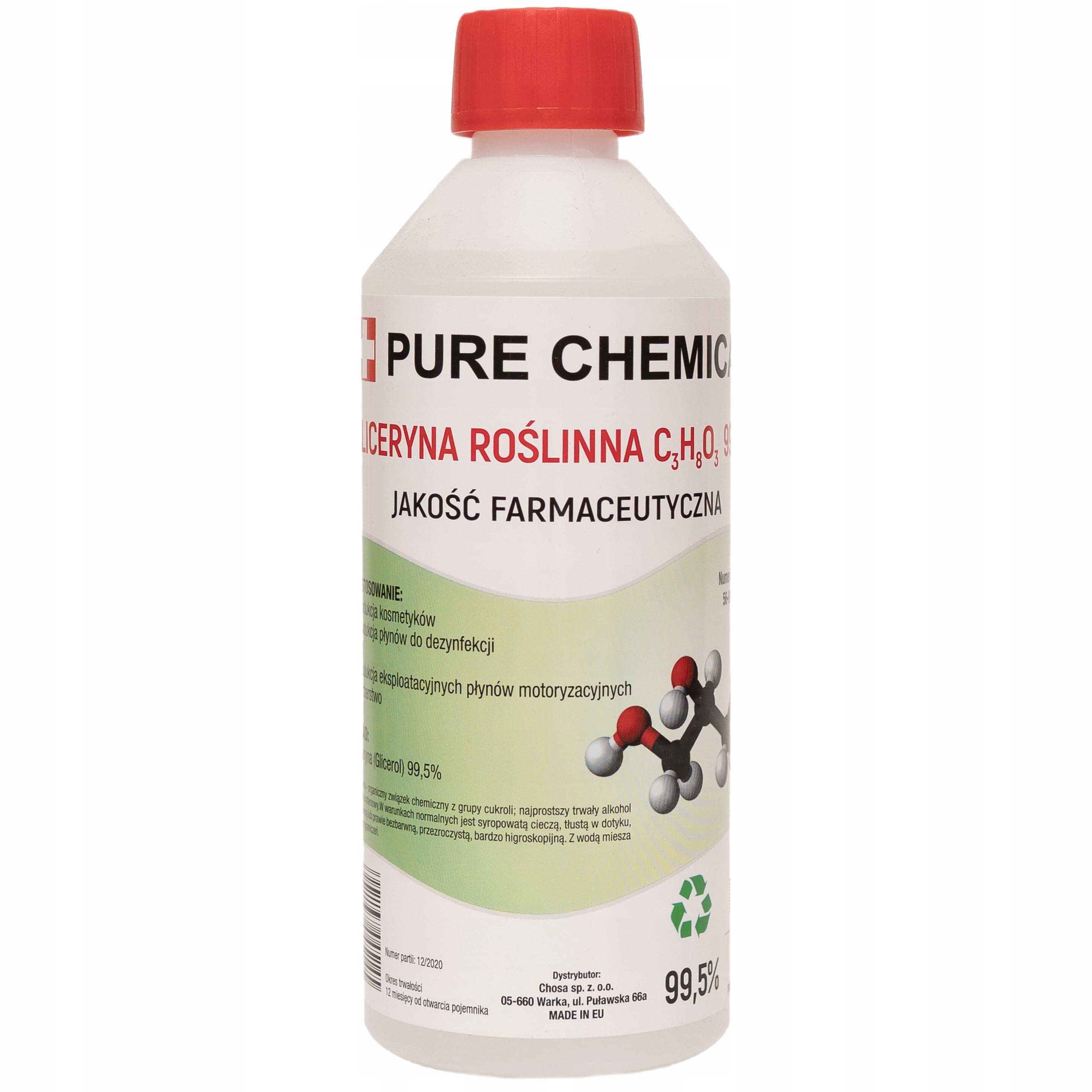 CHOSA Glicerina Vegetale 500 ml - Glicerolo E422 VG 99,​5% Puro Grado Farmaceutico per Capelli e Corpo - Perfetto per Cosmetici, Creme e Saponi - Base per Sapone Fai Da Te, 500ml
