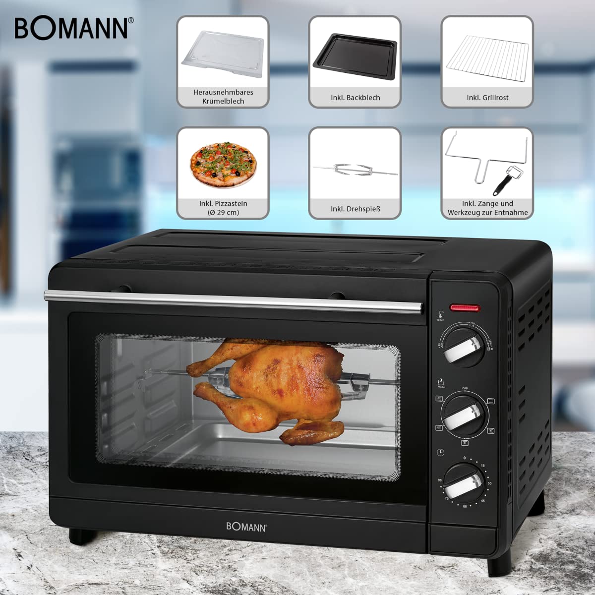Bomann Multi-Backofen | 30 Liter Backraum | Ober + Unterhitze | Kombibetrieb | 6-Stufenschalter | 100 °C–230 °C | Drehspieß | Pizzastein (29 cm) | Krümelblech | Sichtfenster | 1500 Watt | MBG 6023 CB