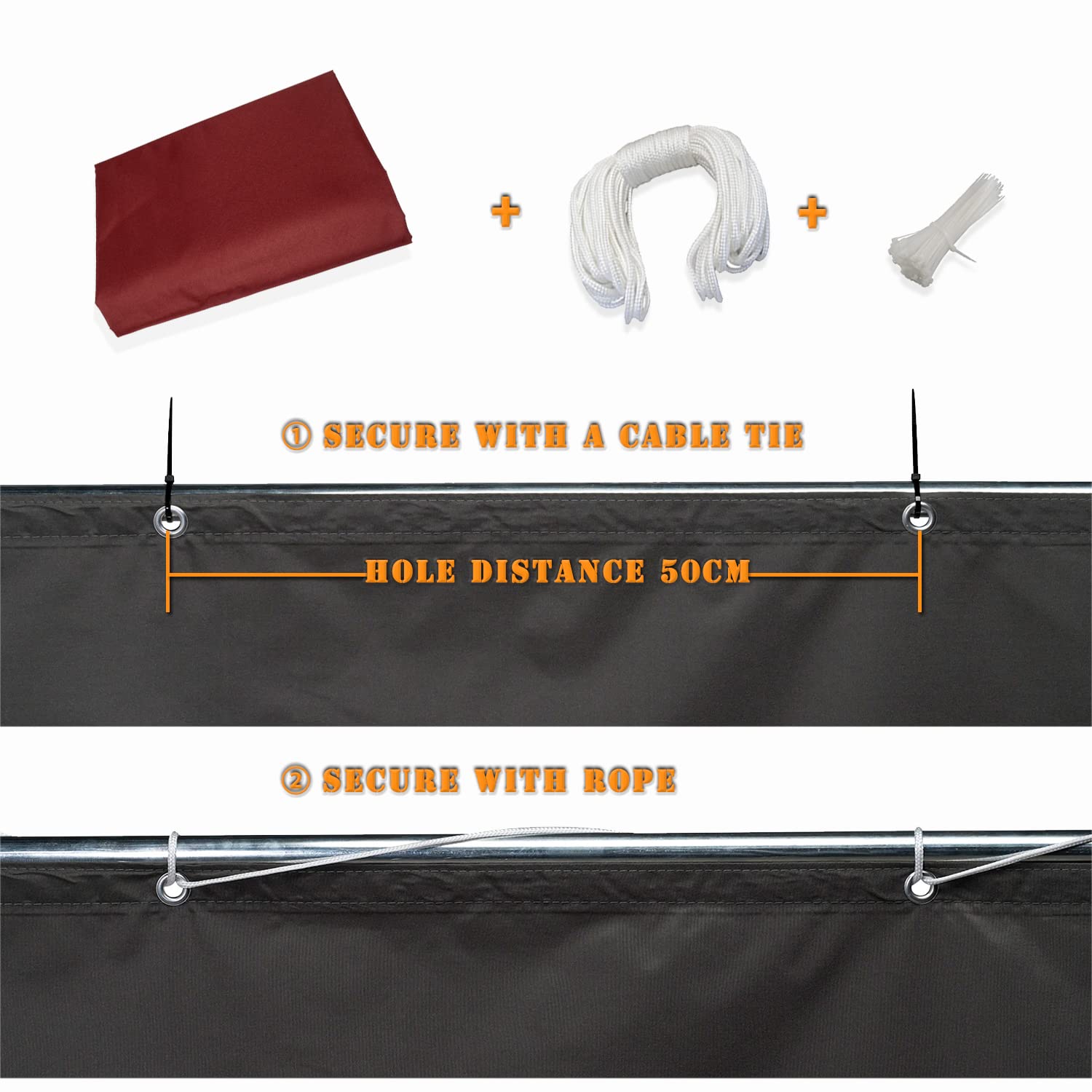Rivestimento per balconi, protezione UV, resistente alle intemperie, con occhielli e fascette, per recinzioni da giardino e ringhiere per balconi, colore rosso vino, 130 x 300 cm