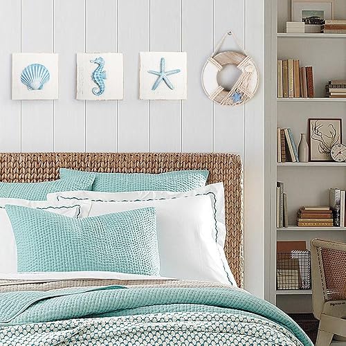 Miniatura 5 de LotFancy Decoración de pared de playa, paquete de 4, decoración 3D de conchas marinas, estrellas de mar, caballito de mar y boya salvavidas en