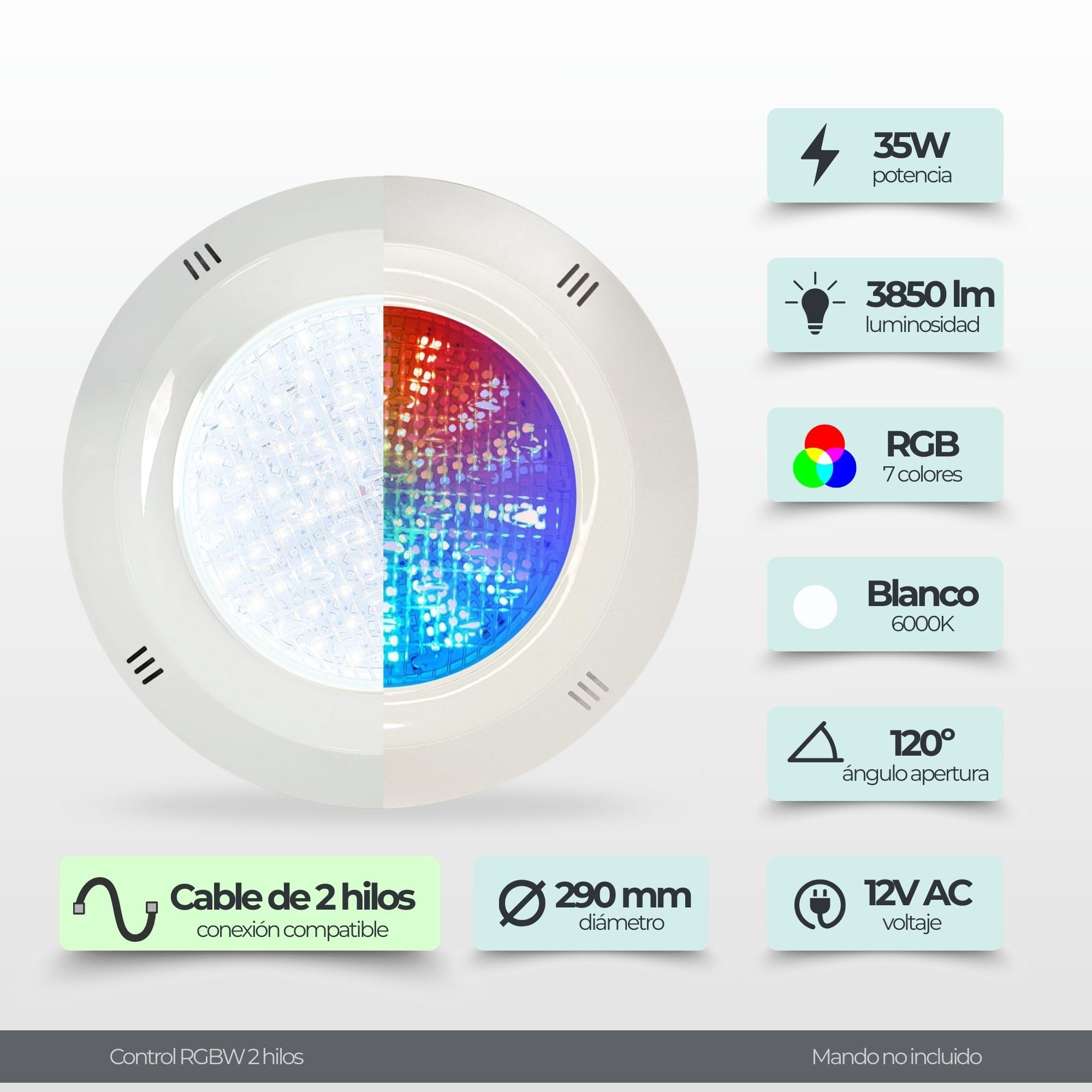 SWIMHOME Faretto per piscina superficie LED RGB 35 W 12 V AC (2 fili) con telecomando RF incluso, luce colori con memoria, IP68, facile installazione (RGB con telecomando (cavo a 2 fili))