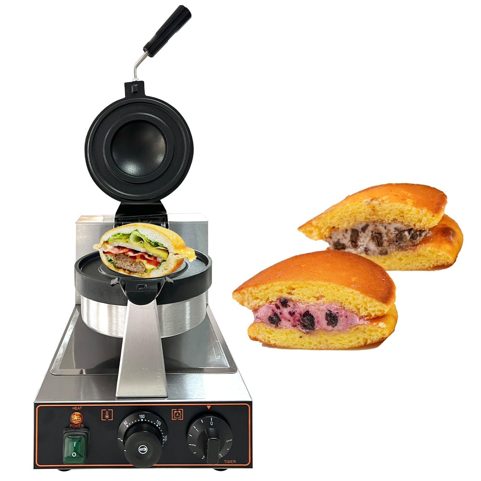 Gofrera para Hamburguesas Máquina para paninis Prensa de Hamburguesas Comercial Disquera Pan Cubano Industrial 50℃~300℃ para restaurantes/cafeterías/Camiones de Comida singleheadrotating