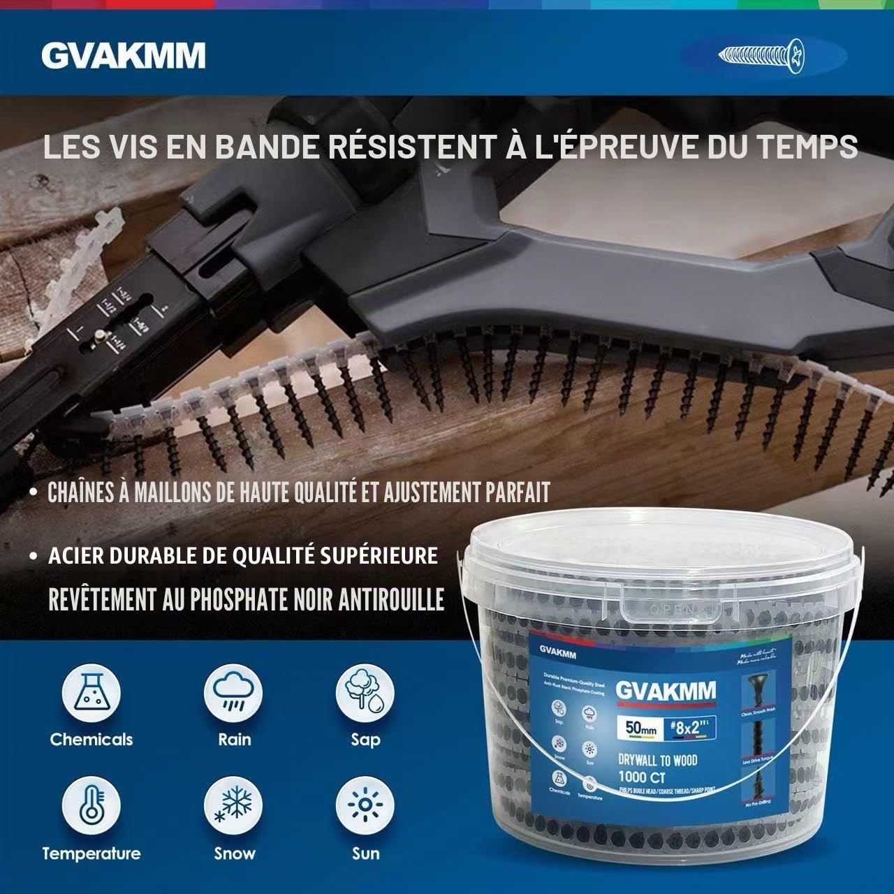 1000 Pièces Vis en Bande pour Plaque de Plâtre 3,5 x 41 mm – Vis Collationnées Noir Phosphatées, Filetage Large pour Bois, avec Seau de Rangement