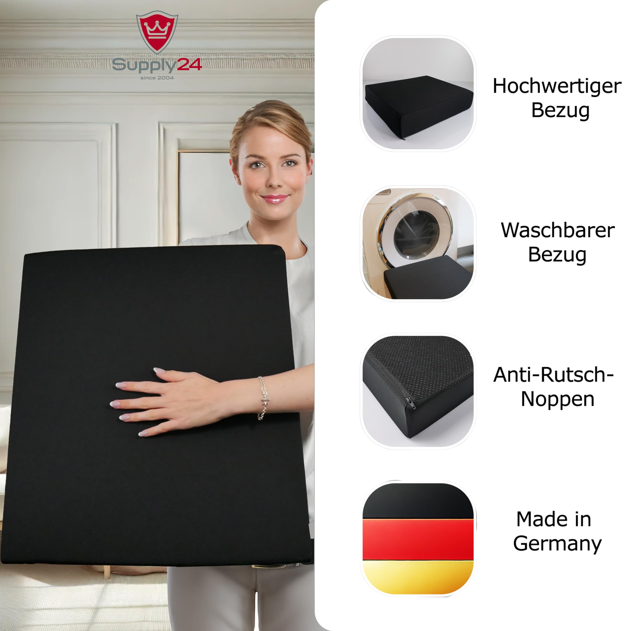 Orthopädisches Anti Dekubitus Viscoschaum Sitzkissen 52x45x10 cm – Made in Germany | Sitzpolster Ergonomisch & druckentlastend (RG 85 (mittel) Polyesterbezug schwarz)