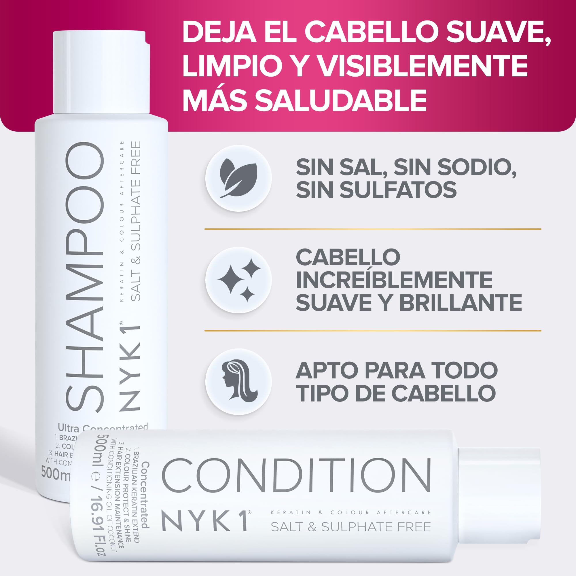 NYK1 Champu Sin Sulfatos Y Acondicionador (500ml x2) Champu Sin Sulfatos Ni Parabenos Y Cuidado Posterior Para Extensiones Y Color - Limpieza Suave Shampoo Sin Sulfato Y Acondicionador Ni Siliconas