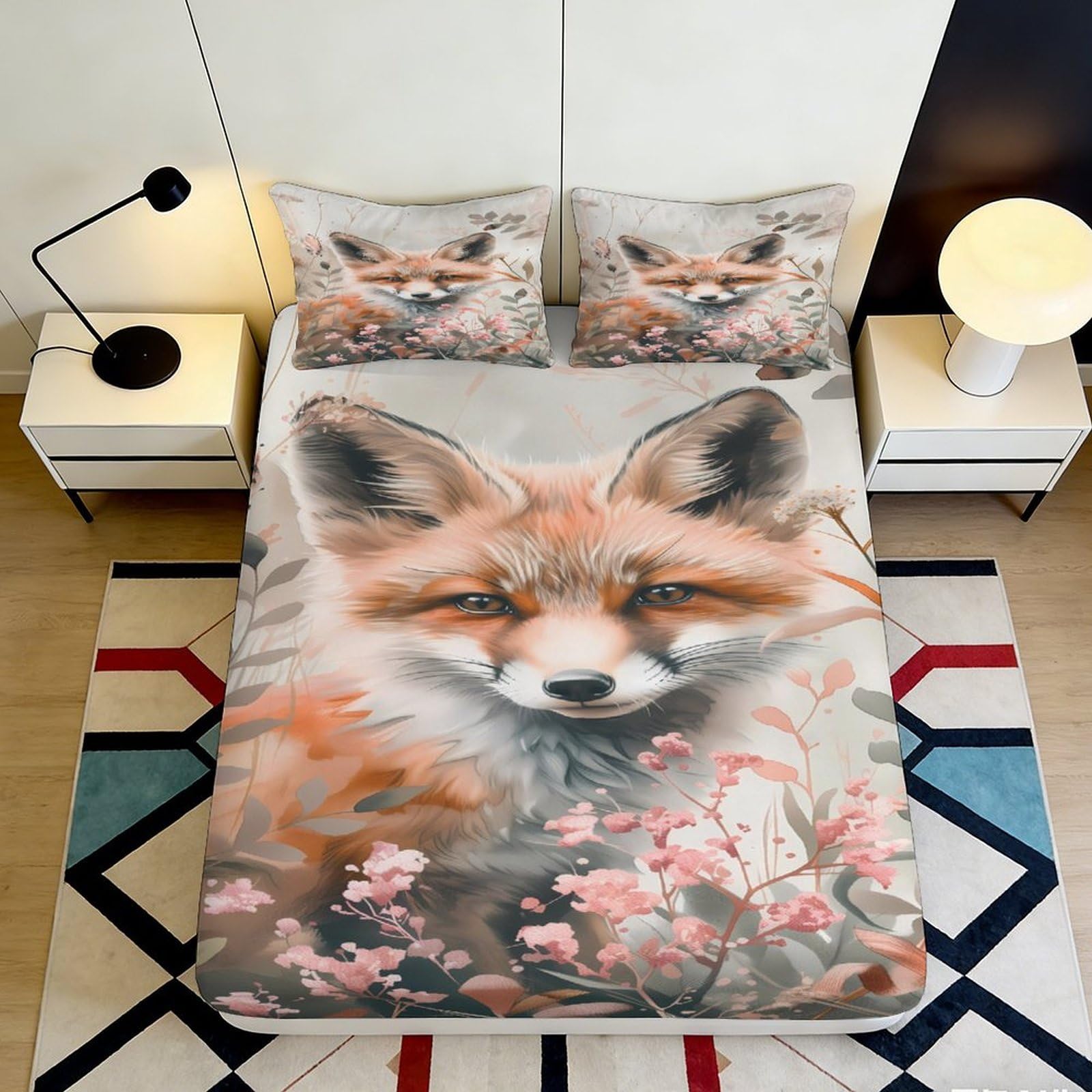 3D Printed Fox Pattern Microfiber Deep Pocket Fitted Sheet Bedroom Non-Slip Fox Mattress Fitted Cover Full Wrap Washable Protection 180x200x25cm
