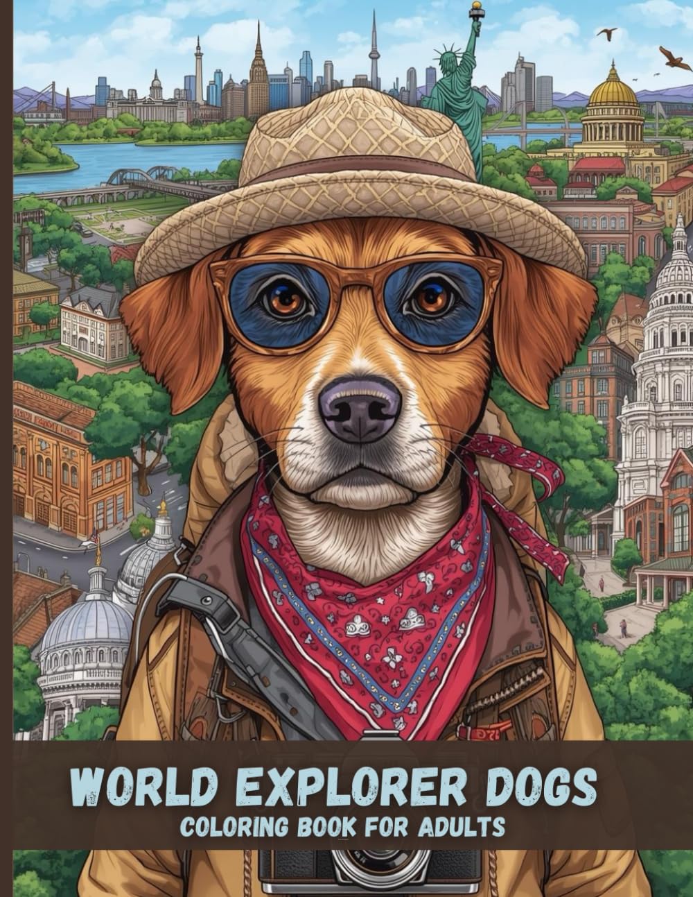World Explorer Dogs Coloring Book for Adults: Adventurous Canine Travelers, Old World Cities, and Relaxing Black & White Coloring Pages