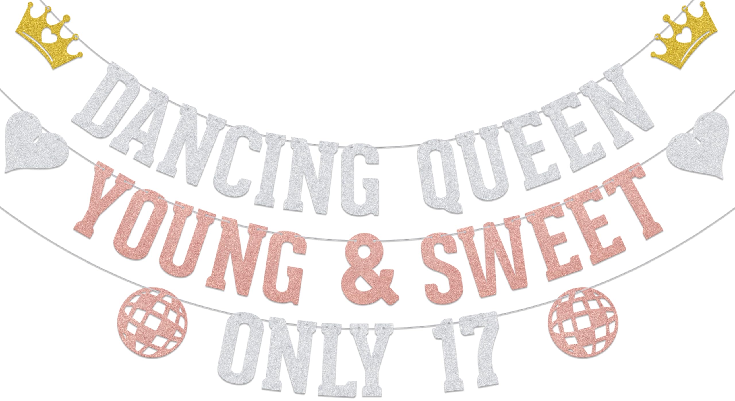 Glitter Dancing Queen Young & Sweet Only 17 Banner,Coquette Dancing Queen 17 Decoration,Disco Sweet 17th Birthday Party Decorations Supplies Sliver &