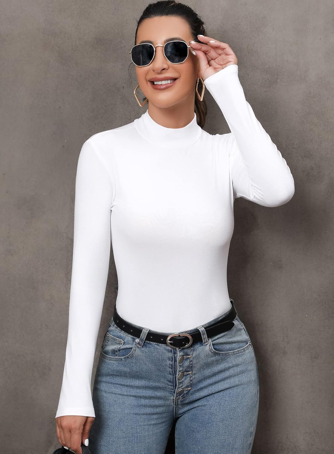 UNTYHOTS Mock Turtle Neck Long Sleeve Bodysuits for Women Shirts Tops - Image 2