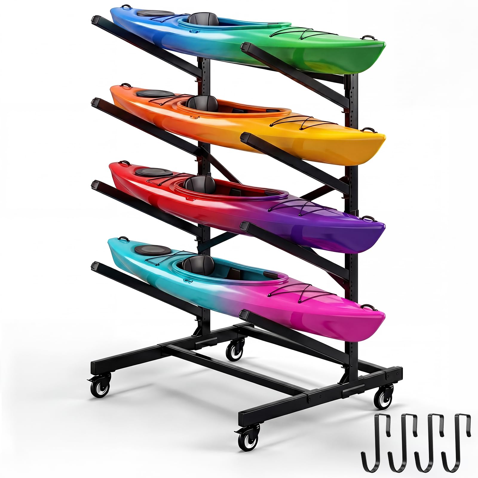 Photo 1 of ***FOR PARTS ONLY/ HEAVY RUSTING / DAMAGED & RUSTING PIECES**** Ultrawesome 4-Tier Single-Sided Kayak Storage Rack with Wheels, Heavy Duty Freestanding Canoe Stand for 4 Kayaks, 400lbs Capacity, Adjustable Arms, Indoor Outdoor Garage Shed Dock Use