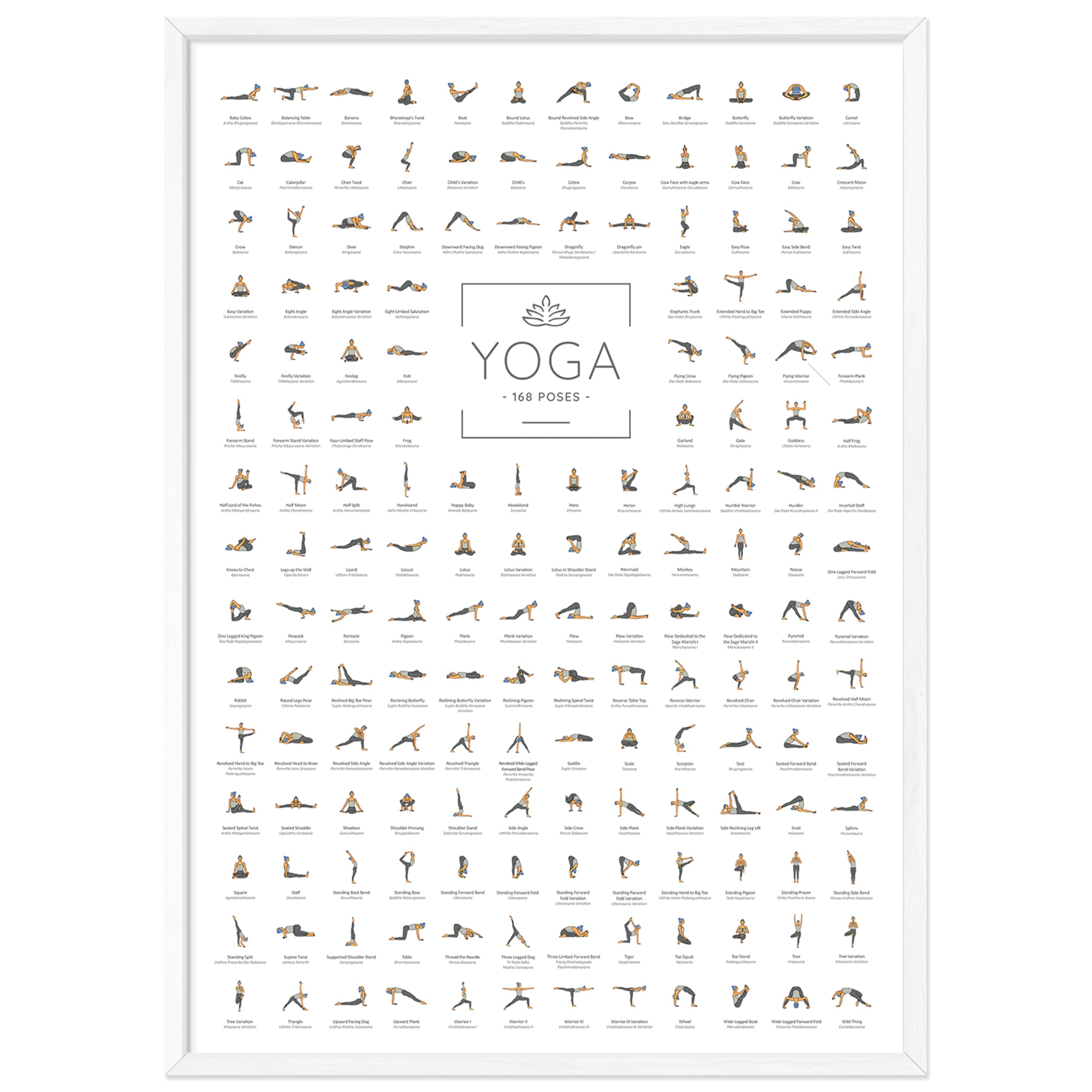 JUNOMI® Yoga Poster DIN A2 Rahmen Weiß | 168 Asanas, Yoga Übungen | Wanddeko für Yogastudio, Übungsraum und Zuhause, alle Posen alphabetisch von Baby Cobra bis Wild Thing