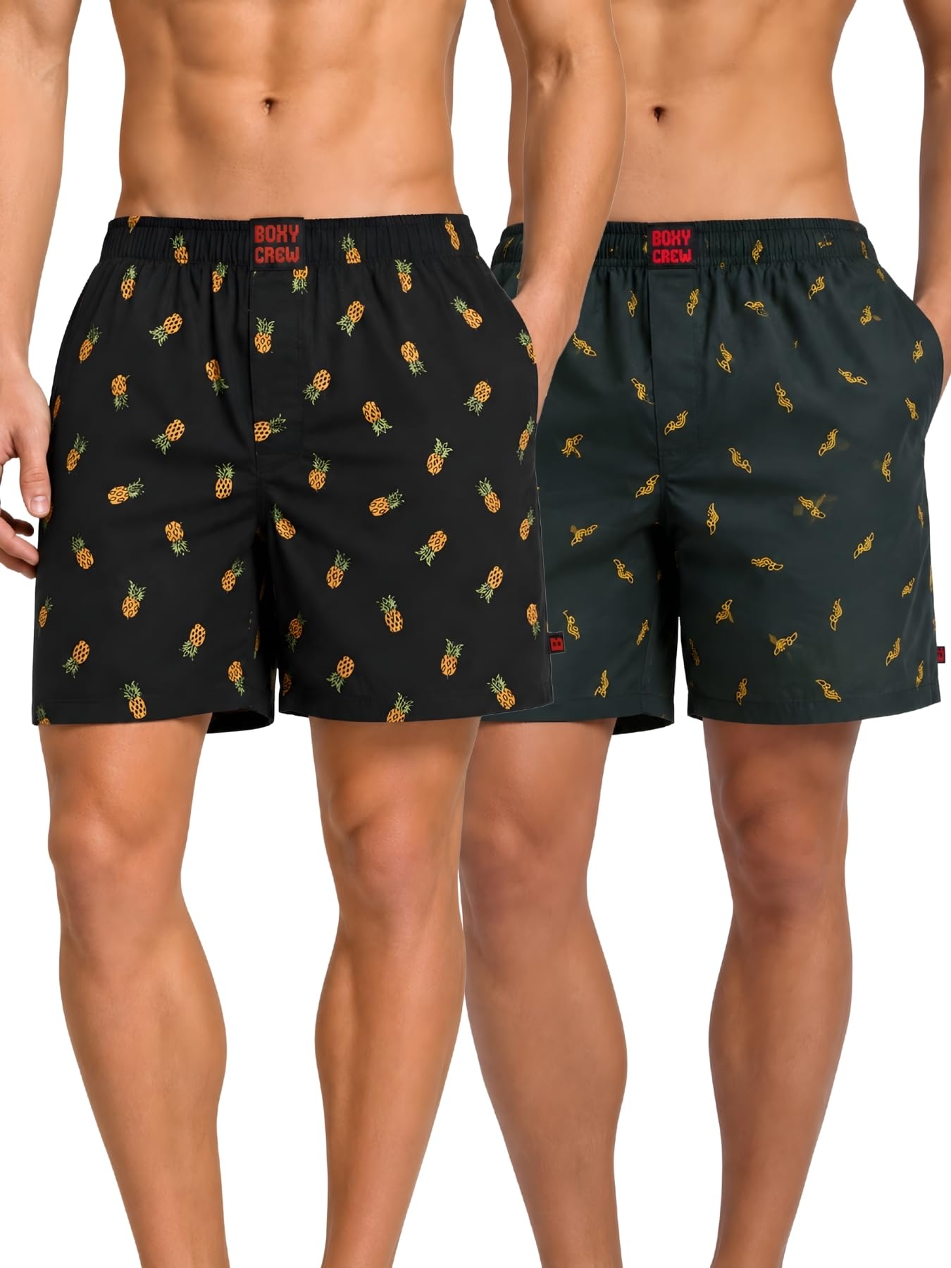 boxy crew Men Boxer Shorts Pack of 2, 100% Cotton Woven Boxers, Charcoal & Dark Teal, Printed Designs, Dual Side Pockets, No-Marks Inner Elastic Waistband, Relaxed Fit Lounge & Sleep Shorts-picture-41