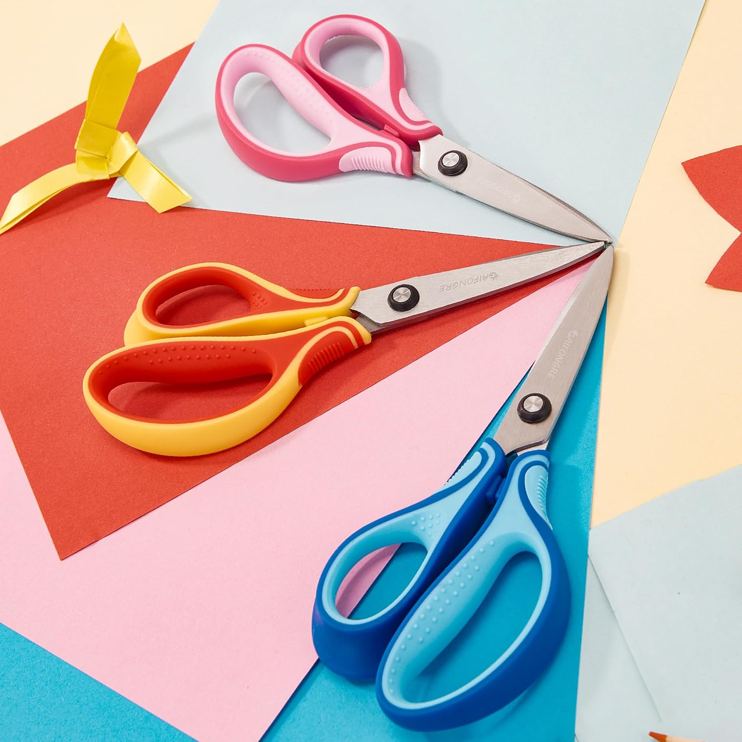 7" Real Left-Handed Kids Scissors Ages 8+ for School, 3-Pack | Pointed Tip, Stainless Steel Blades, Ergonomic Cushioned Grip, Great for DIY, Arts, Classroom & Household