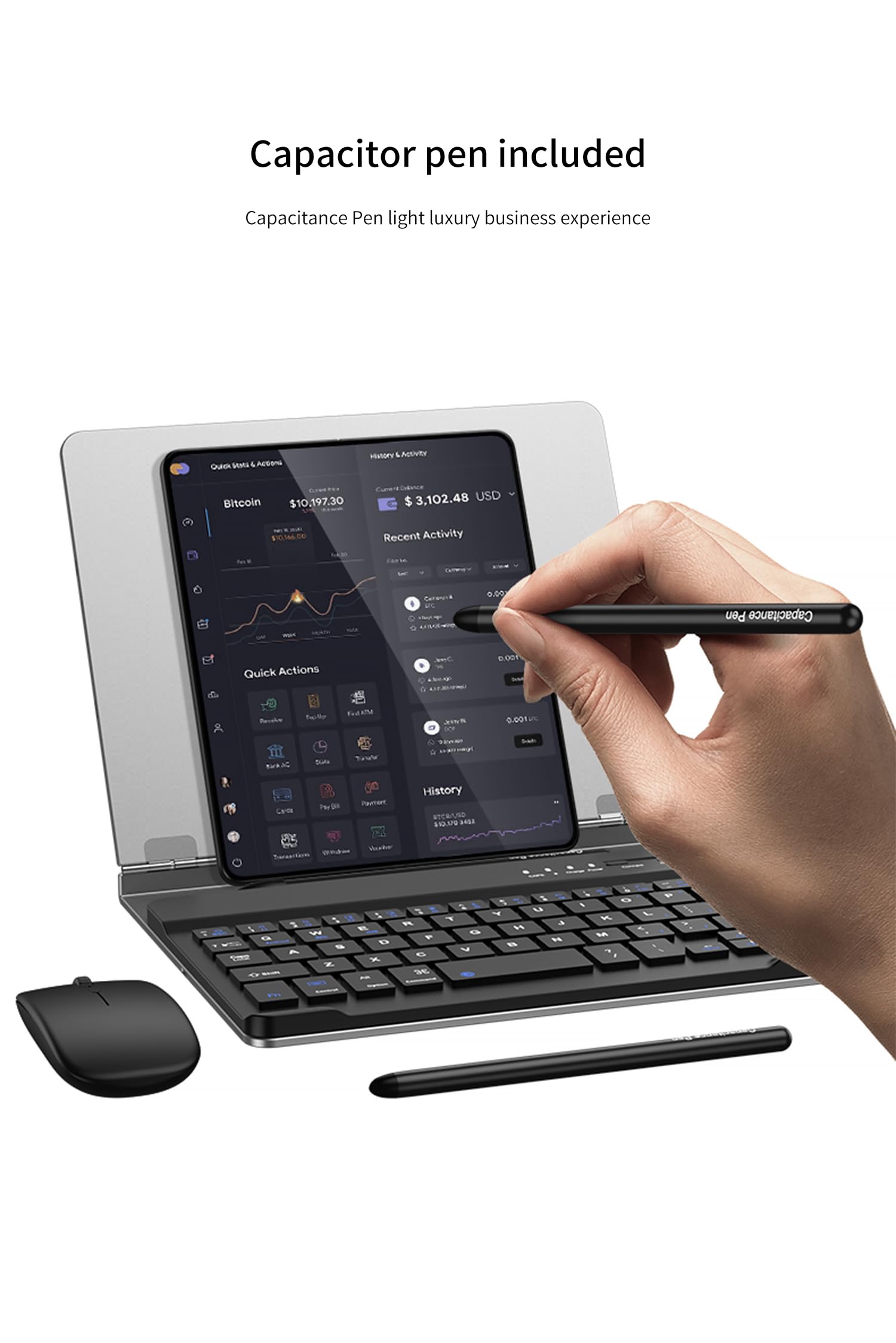 COQUE Mobilny zestaw biurowy do telefonu OPPO FindN/N2/N3, składany stojak, metalowy futerał ochronny + klawiatura Bluetooth + taca na długopisy + rysik + mysz, czarny