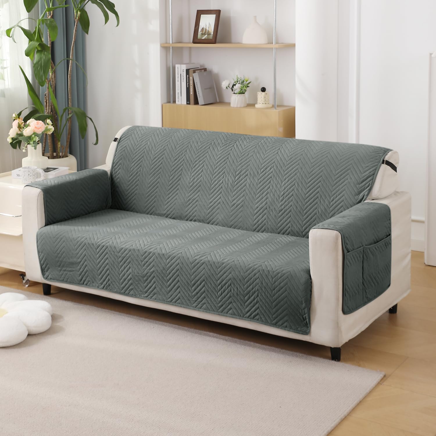 HOKIPO Polyester Quilted 3 Seater Sofa Cover Mat with Pockets, Dark Grey (In-803-Dgry)-image-14