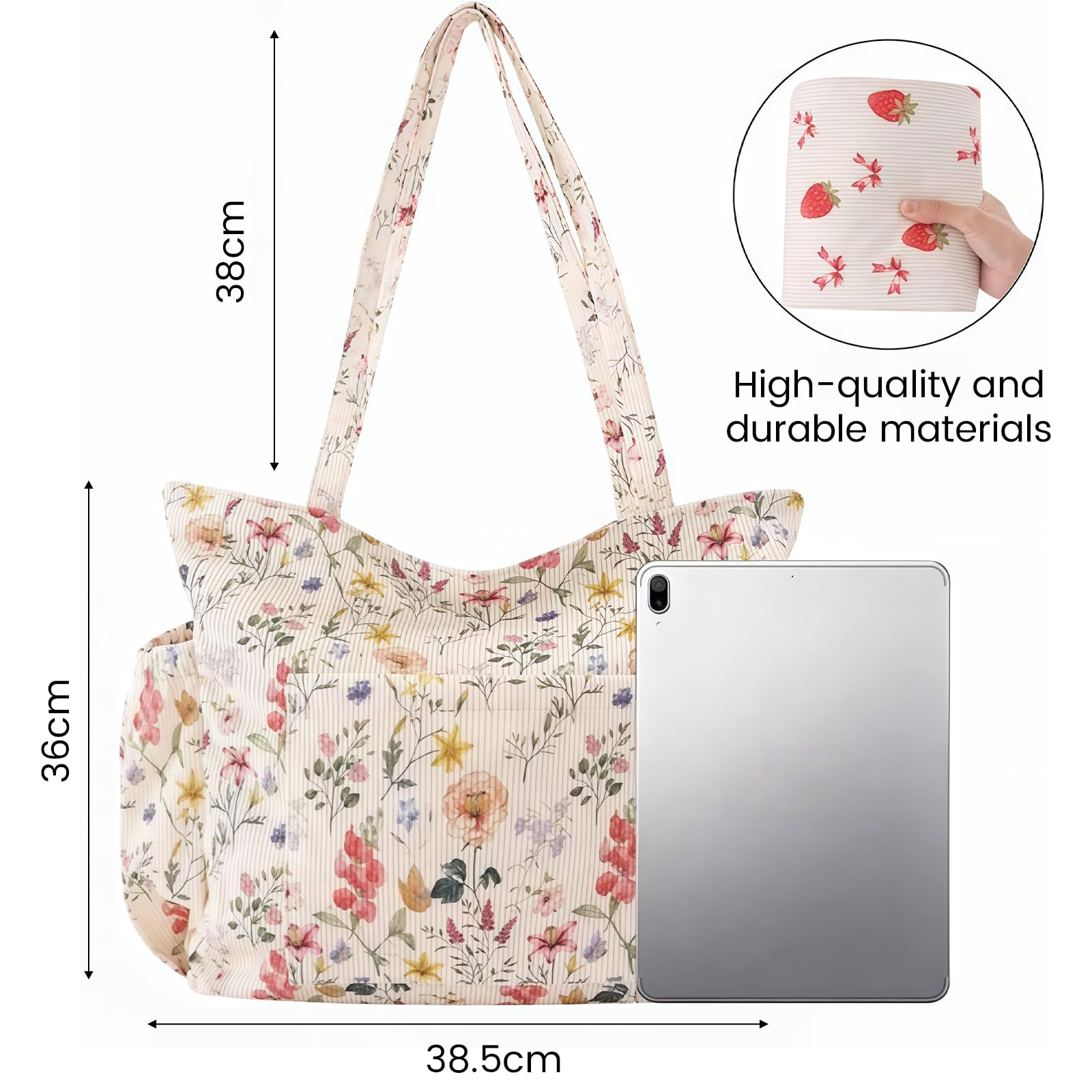 Große Cord Tote Bag Tasche für Damen – Niedliche ästhetische Schultertasche, Wiederverwendbare Canvas Tasche mit Reißverschluss Mehreren Taschen für Arbeit Schule Gym Reisen