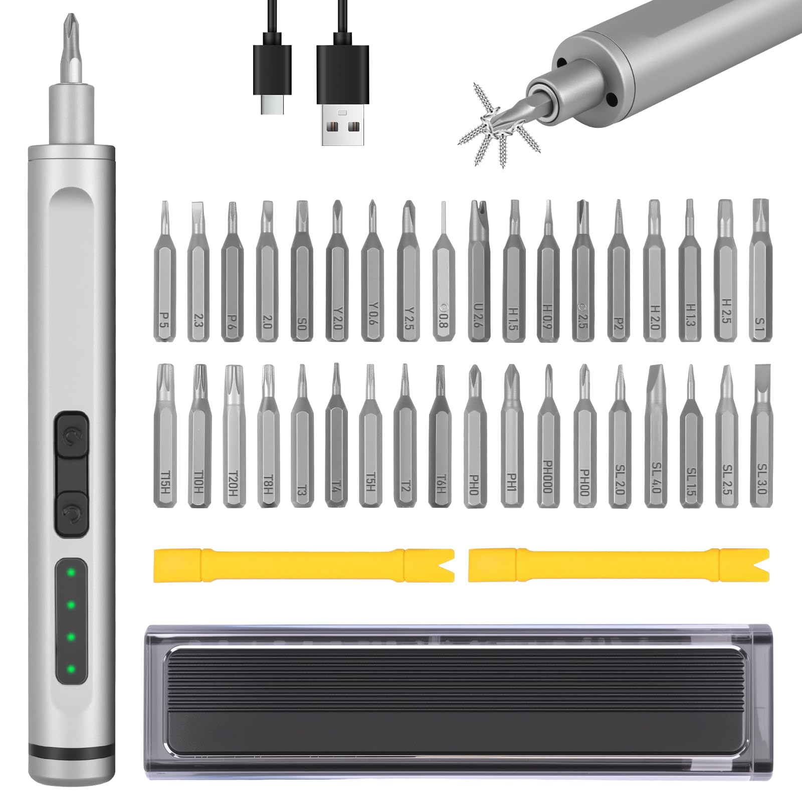 36-in-1 3 7V Mini Electric Screwdriver Set Type C Rechargeable Cordless Power Screwdriver with Magnetizer and LED Indicator