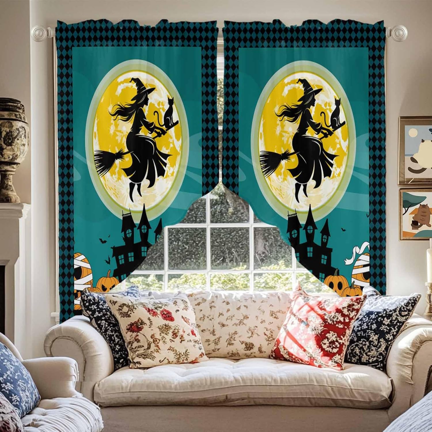 Swag Curtain,Witch Hats Black Cat Moon Kitchen Valances Rod Pocket Curtains Tier Pair Swag Topper,Castle Silhouette Pumpkin Ghost Face 2 Panels Window Treatment for Bathroom Living Room Bedroom
