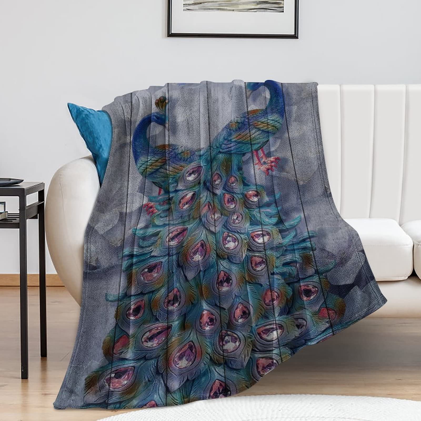 Couverture polaire paon en peluche premium rustique chic pour lit 152x203 cm
