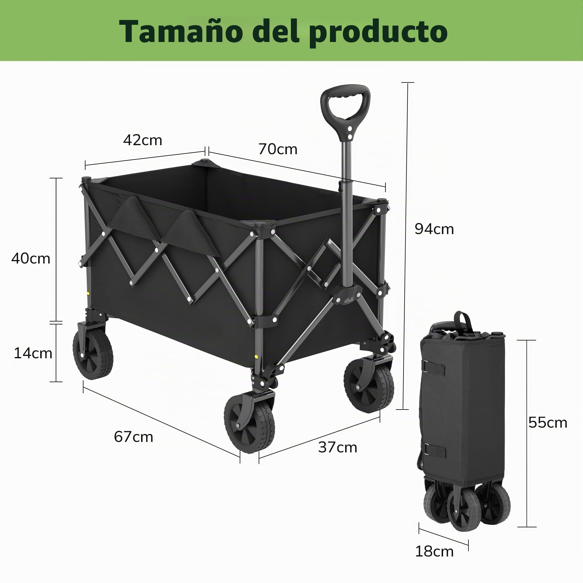 Morpilot Plegable 220L / 150 kg, Ruedas Todoterreno para Playa y Césped, Asa Ajustable, Fácil de Plegar, Cabe en Maletero, Carro para Camping, Compras y Jardín, Negro
