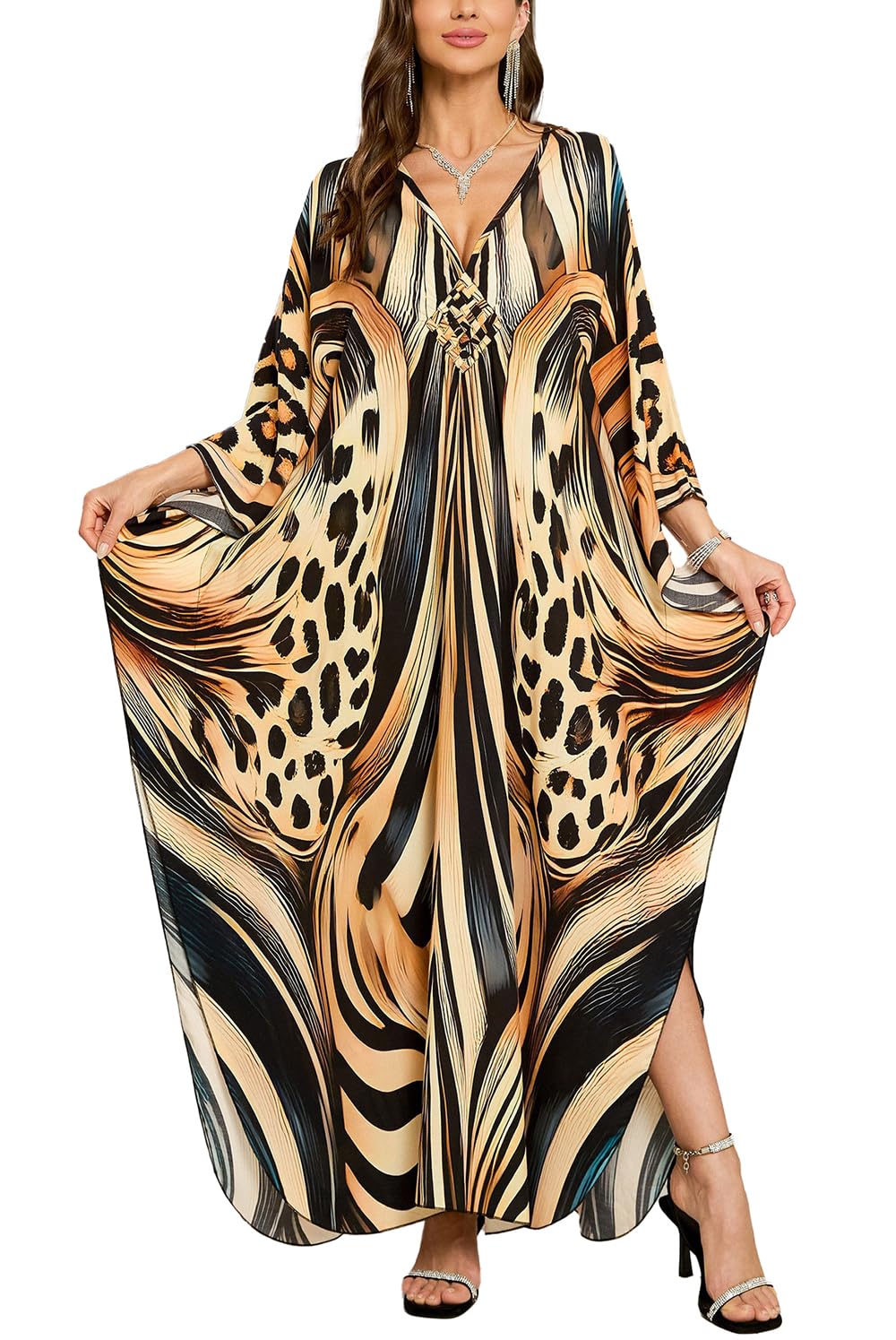 Vestido de playa kimono maxi largo con patrón étnico y caída fluida mujer 6
