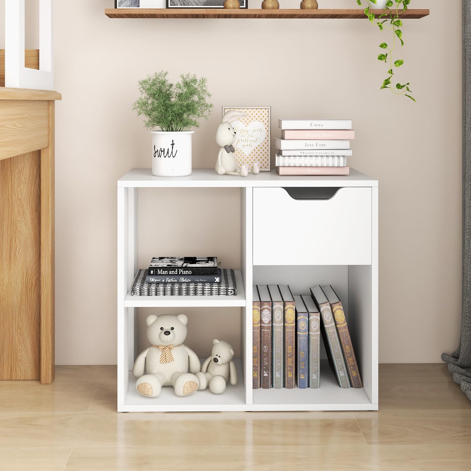 LIFEZEAL Tavolino Basso, Tavolino Laterale da Divano, con 1 Cassetto, 3 Scomparti Aperti, Libreria, Scaffale Portaoggetti, in Legno, Bianco, per Soggiorno, Moderno, Multiuso, Max 80 kg, 60x30x53 cm