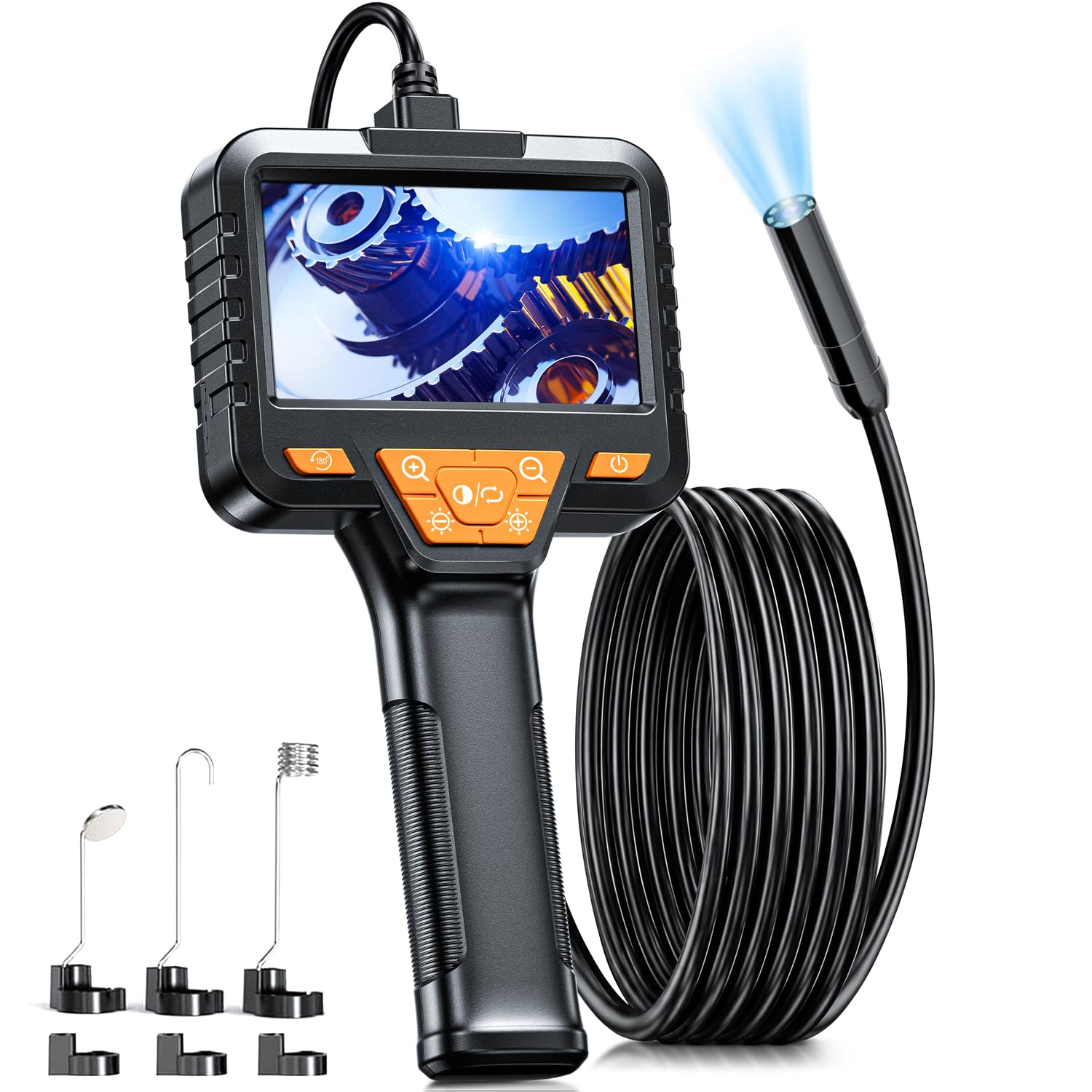 Endoskopkamera mit Licht, SKYBASIC Industrie Endoskop, 4.3-Zoll-IPS- Bildschirm Inspektionskamera,IP67 Wasserdichtes,1080P HD Rohrkamera mit 8 Einstellbaren LEDs -16.5FT/5M Halbstarres Kabel