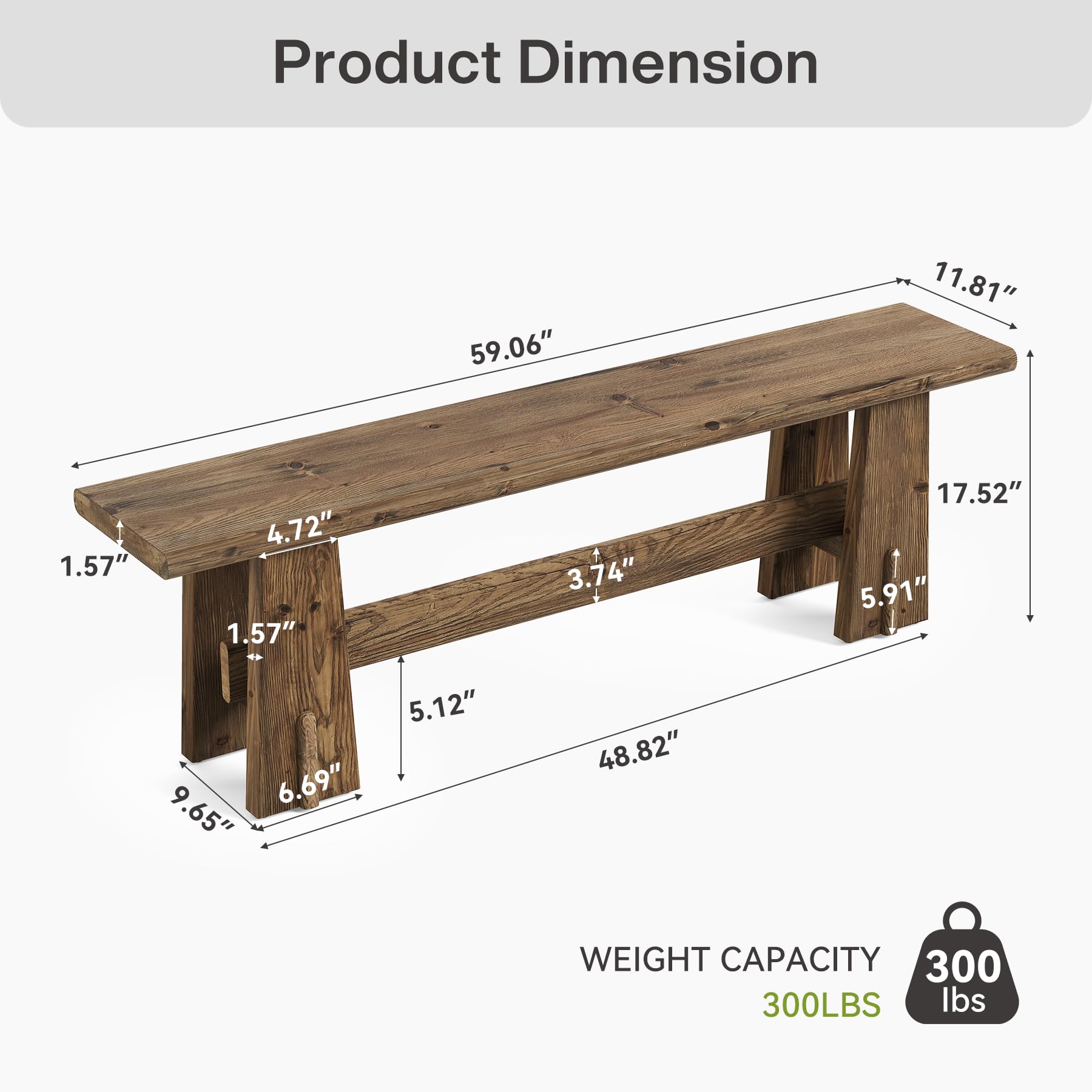 LITTLE TREE 59" Solid Wood Bench, Farmhouse Entryway Bench, Long Retro Bench for End of Bed, Dining Room, Entryway, Hallway, Living Room, Bedroom, Kitchen, Sturdy Frame Design, Rustic Brown