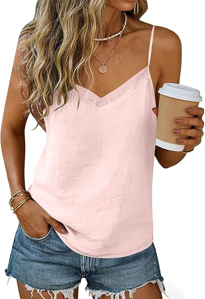 Womens Cotton Linen Tank Tops Casual V Neck Sleeveless Blouses Plus Size Loose Spaghetti Strap Cami Shirts - 2