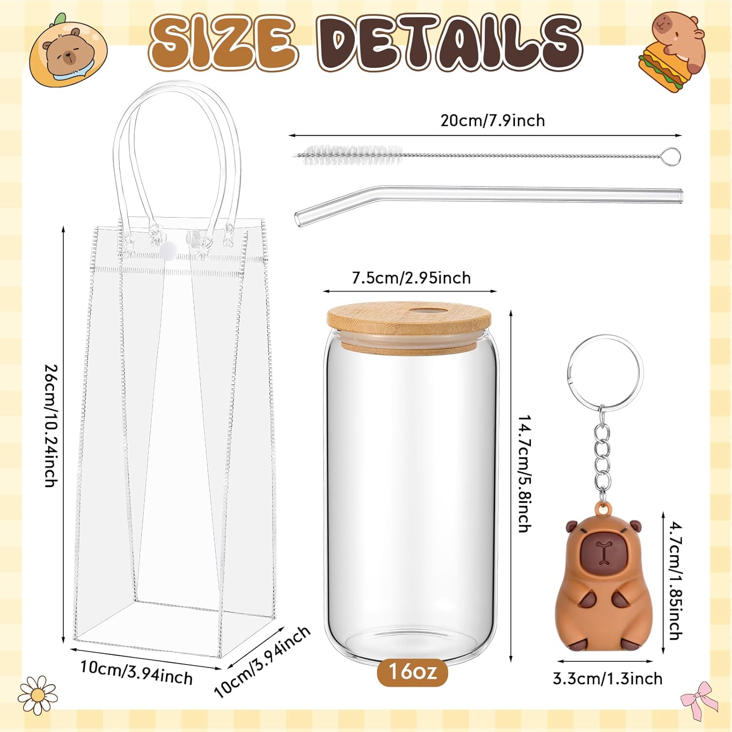 Zhehao 3 Pcs Capybara Gifts with 16 oz Glass Cup with Bamboo Lid and Straw, Keychain, Transparent Gift Bag, Capybara Stuff for Women Girls Ladies Exchange Birthday Party Gifts - Image 2