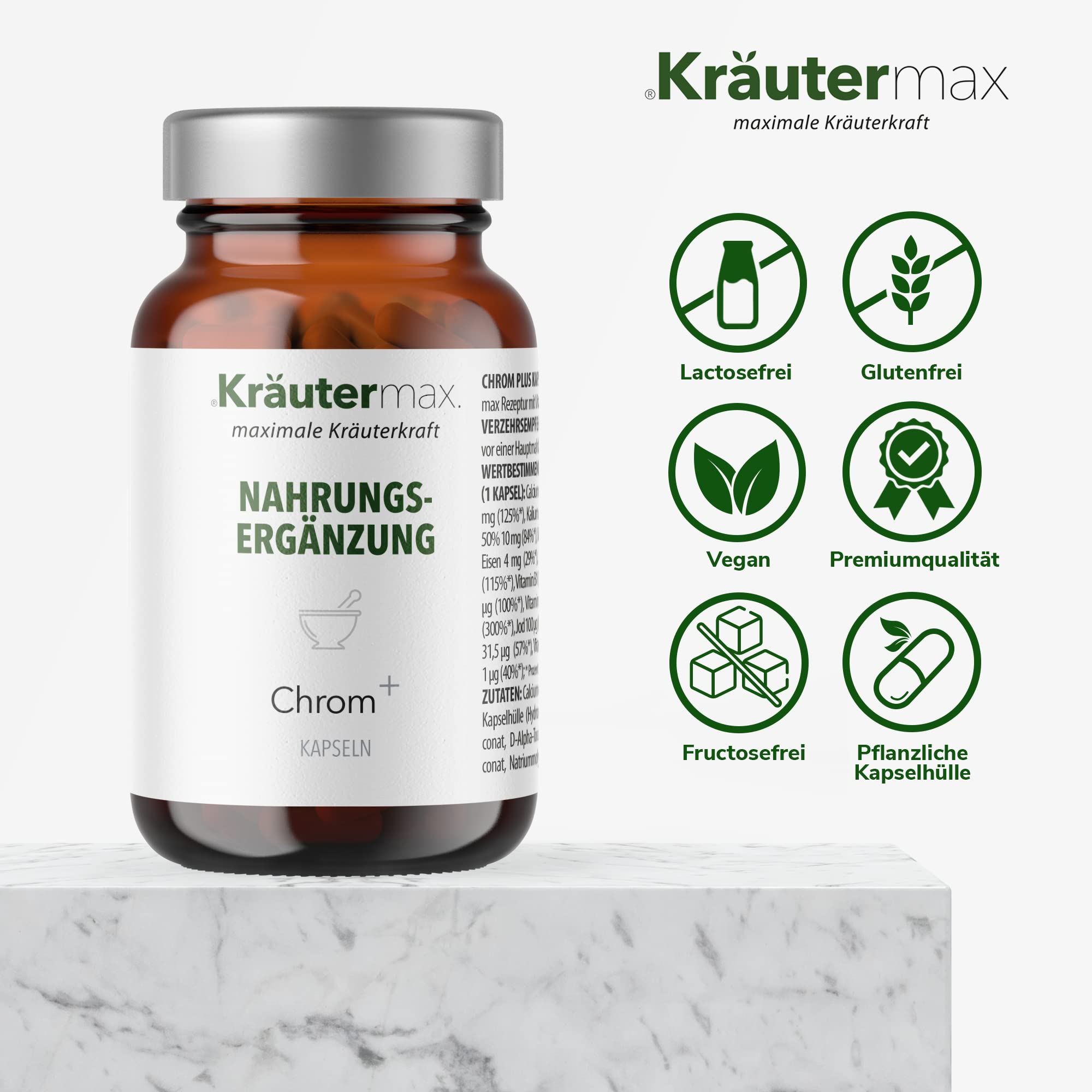 NEU! Chrom Kapseln hochdosiert | Chrom Tabletten mit Zink, Selen und Mangan nach Kräutermax Originalrezeptur | Vegan - für den Erhalt eines normalen Blutzuckerspiegels | 1 x 60 Stück