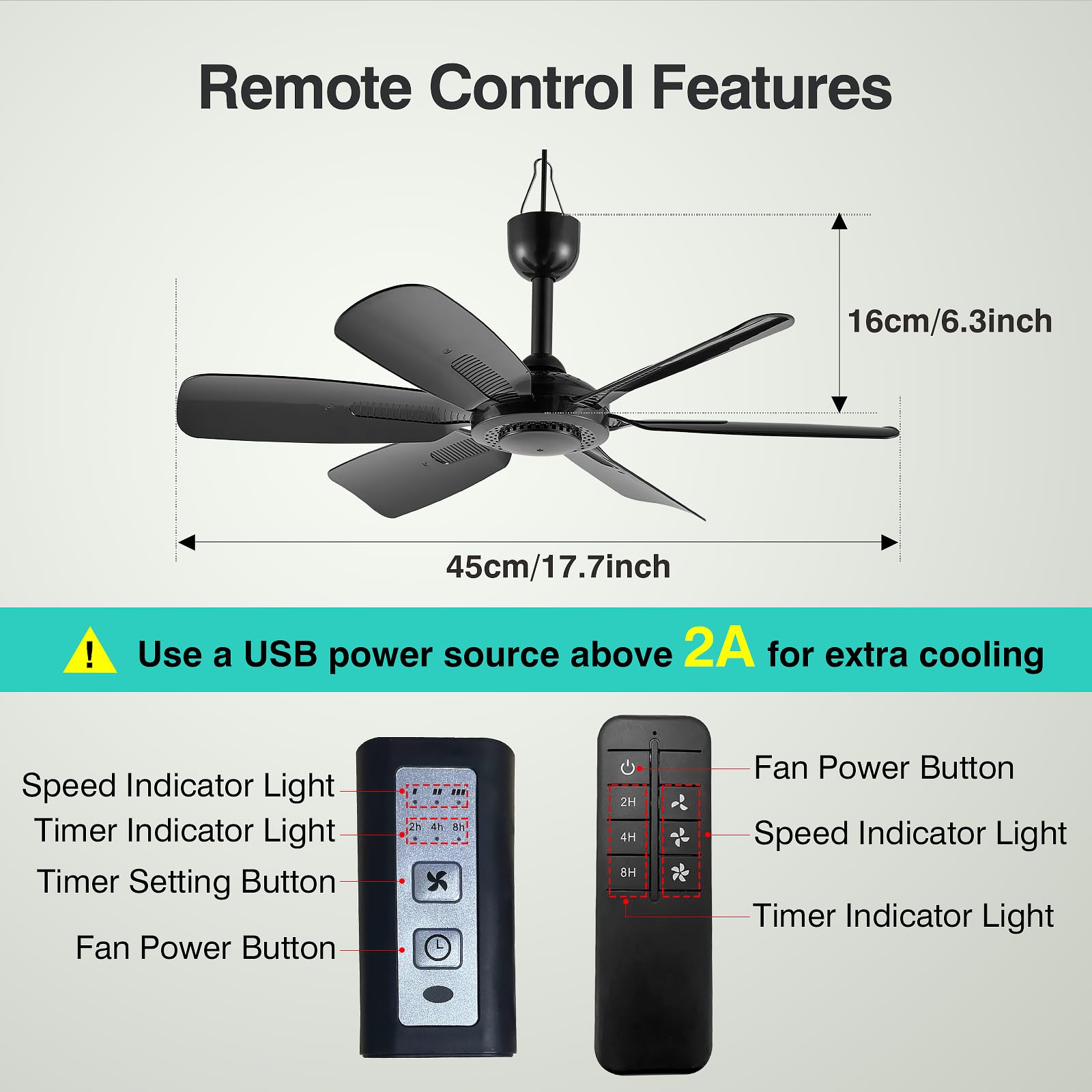 lolobaer 17.7-inch Portable USB Hanging Fan with 6 Blades, Indoor/Outdoor Use for RV, Camping, and Canopy, Quiet Operation?Fan with remote control (with remote control)