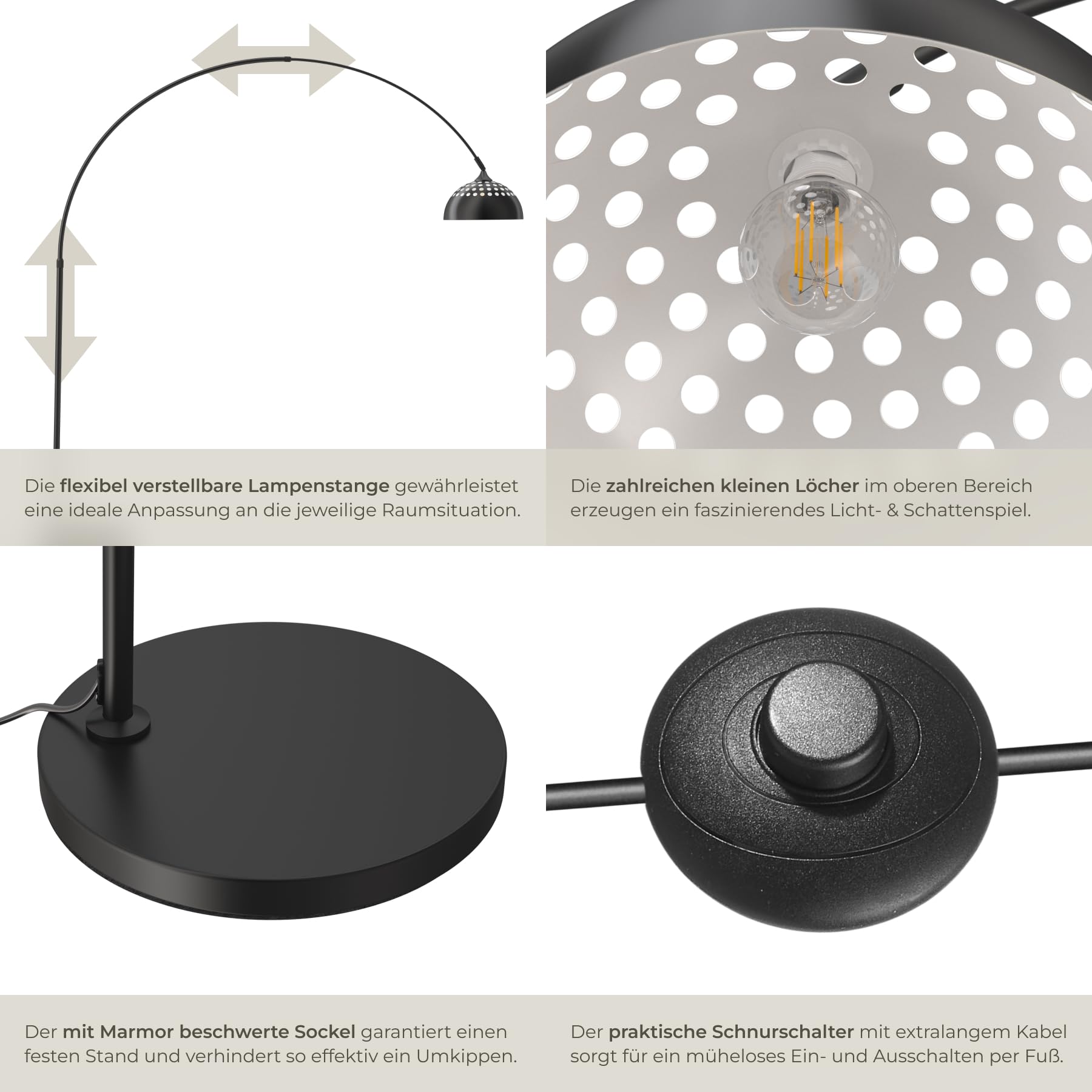 tectake® Bogenleuchte, Bogenlampe, Stehlampe Wohnzimmer, Esszimmerlampe modern, Schirmlampe hängend, Retro Vintage Optik, Lampe Esszimmer, Standleuchte, Standlampe - schwarz