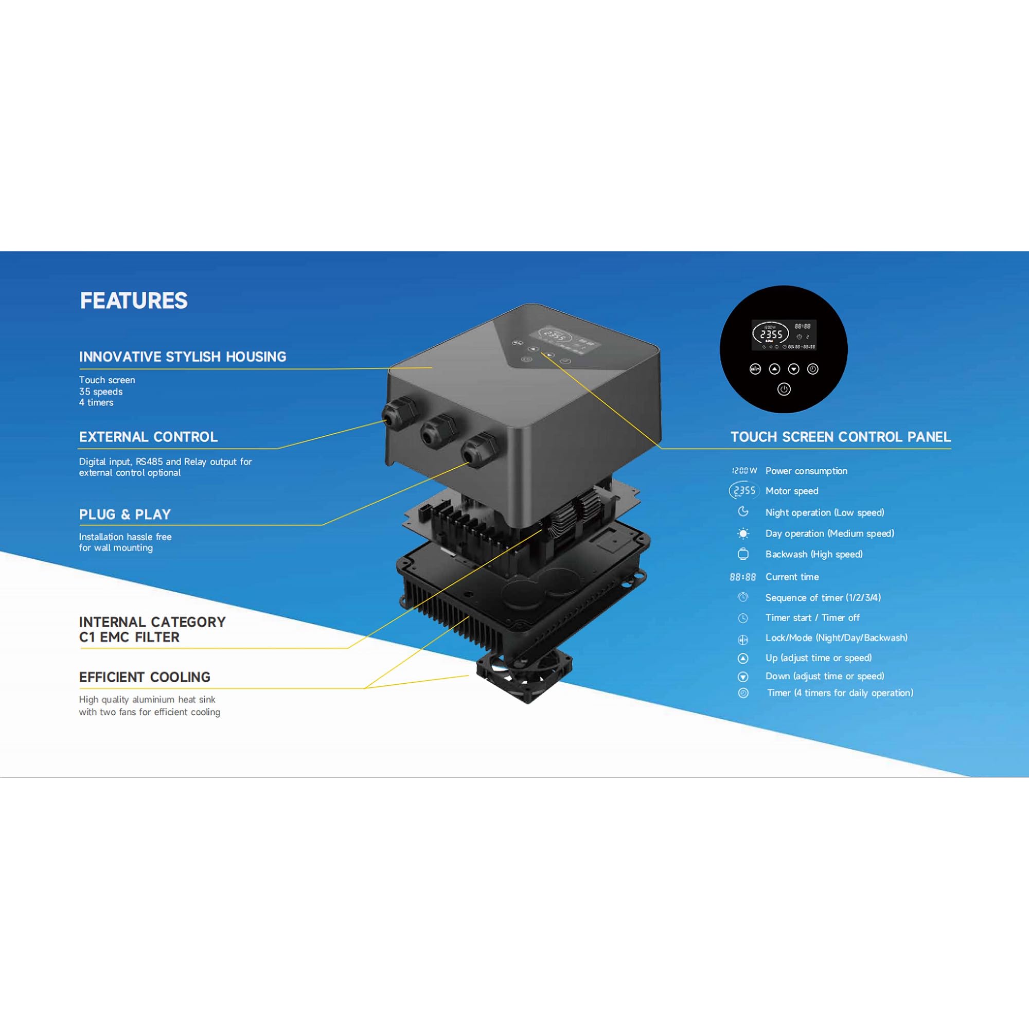 AquaForte Vario+ Inverter II con Touchscreen, 1 Fase AC, Tensione d'Ingresso 220-240V, Regolazione della velocità delle Pompe della Piscina, 4 DiverseFasce Orarie al Giorno, Rispettoso dell'Ambiente