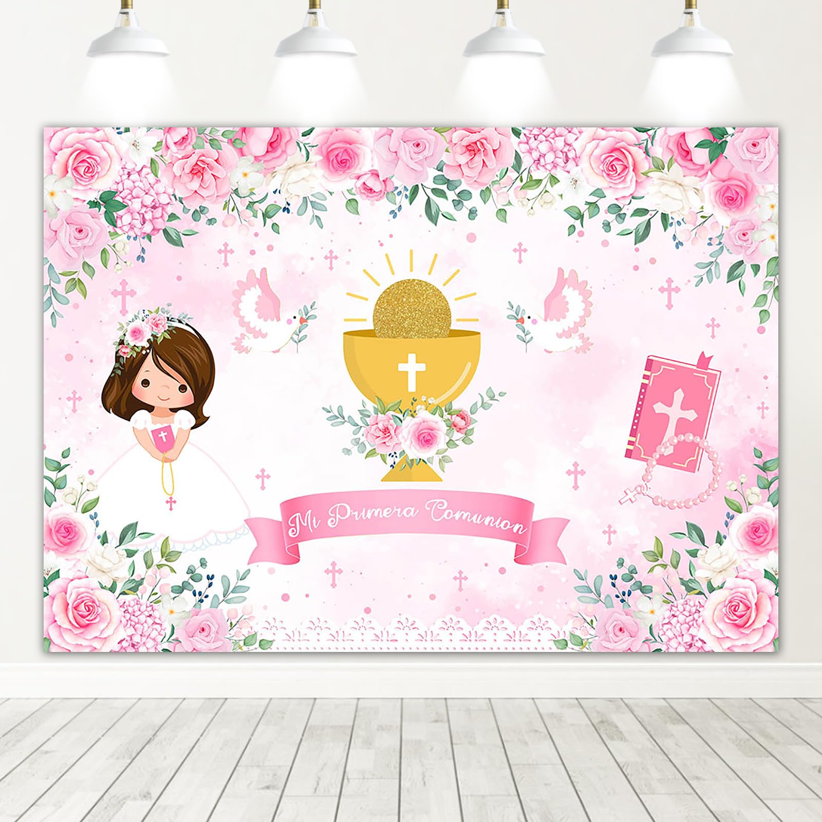Mocsicka First Communion Decorations Pink Floral Mi Primeria Communion Backdrop Baptism Christening Newborn Party Decoration Photo Booth Props (Pink,