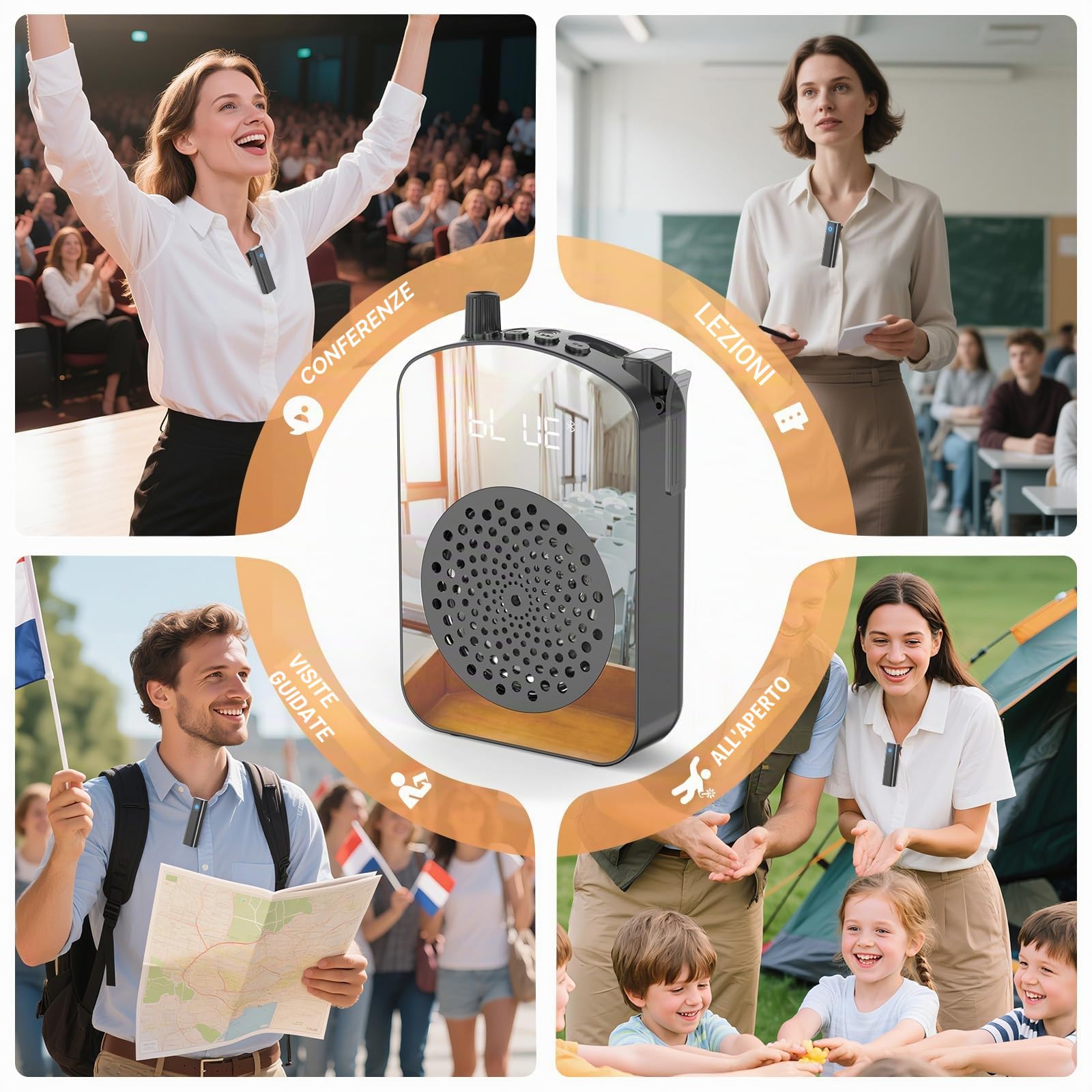 Amplificatore Vocale Wireless con Microfono Lavalier, Design Compatto con Ricarica e Custodia–Speaker Portatile per Insegnanti, Presentazioni,Allenamenti, Outdoor–Nero