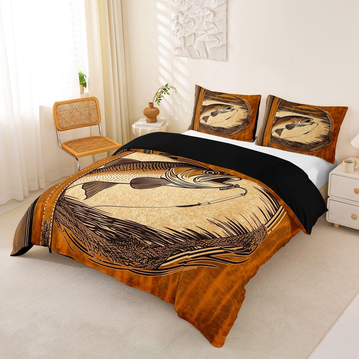 Loussiesd Set di biancheria da letto con copripiumino super king size, motivo pesce basso, caccia e pesca, per ragazzi e ragazze, set di biancheria da letto da 3 pezzi, decorazione per la stanza