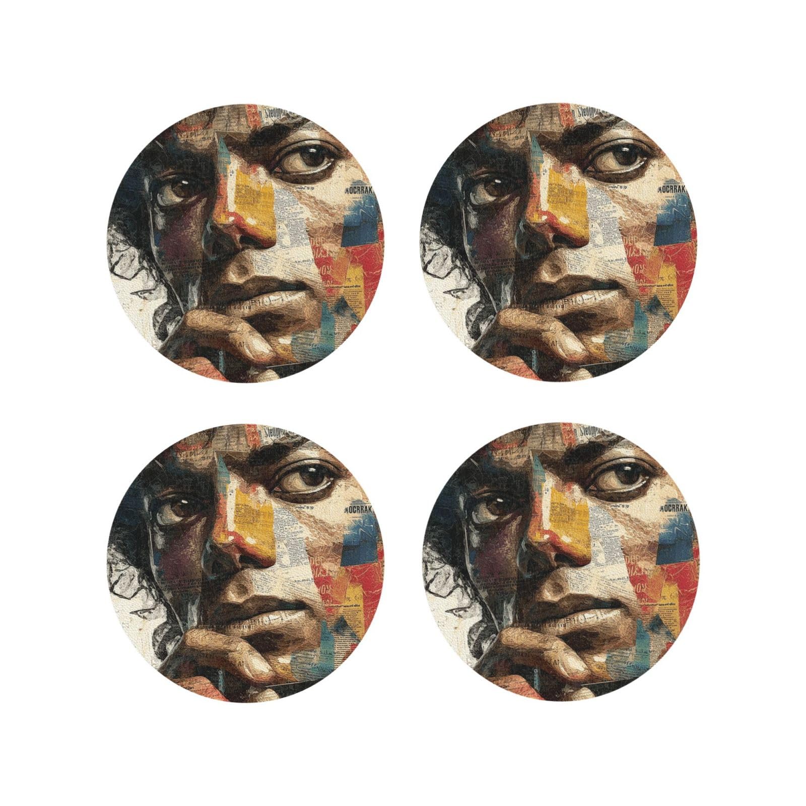 Coasters Set of 4 Round Leather Coaster Quick-Dry Drink Michael Jackson Coasters for Desk Absorbent Mugs Pads Tabletop Protection Pad Heat Resistant Coffee Cup Mat for Kitchen Bar