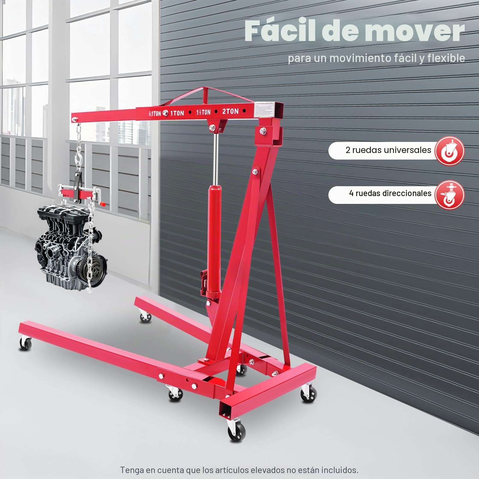 Grúa para motor, 2 toneladas, gato hidráulico con palanca de bomba, patas plegables, plataforma elevadora, elevador de coche, mango de soporte, 6 ruedas robustas, taller, garaje