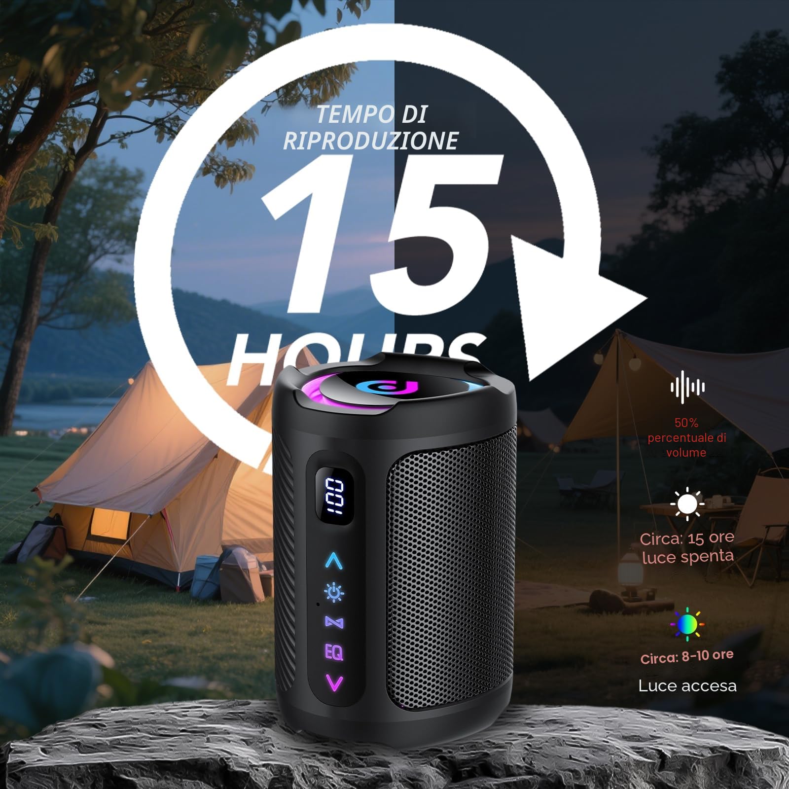 Cassa Bluetooth Portatili senza fili con luce LED, Display Digitale Intelligente+Smart EQ, Altoparlante Bluetooth Bassi Potente, Bluetooth 5.4, Speaker da Esterno per Viaggi, Sport, Feste, Ciclismo