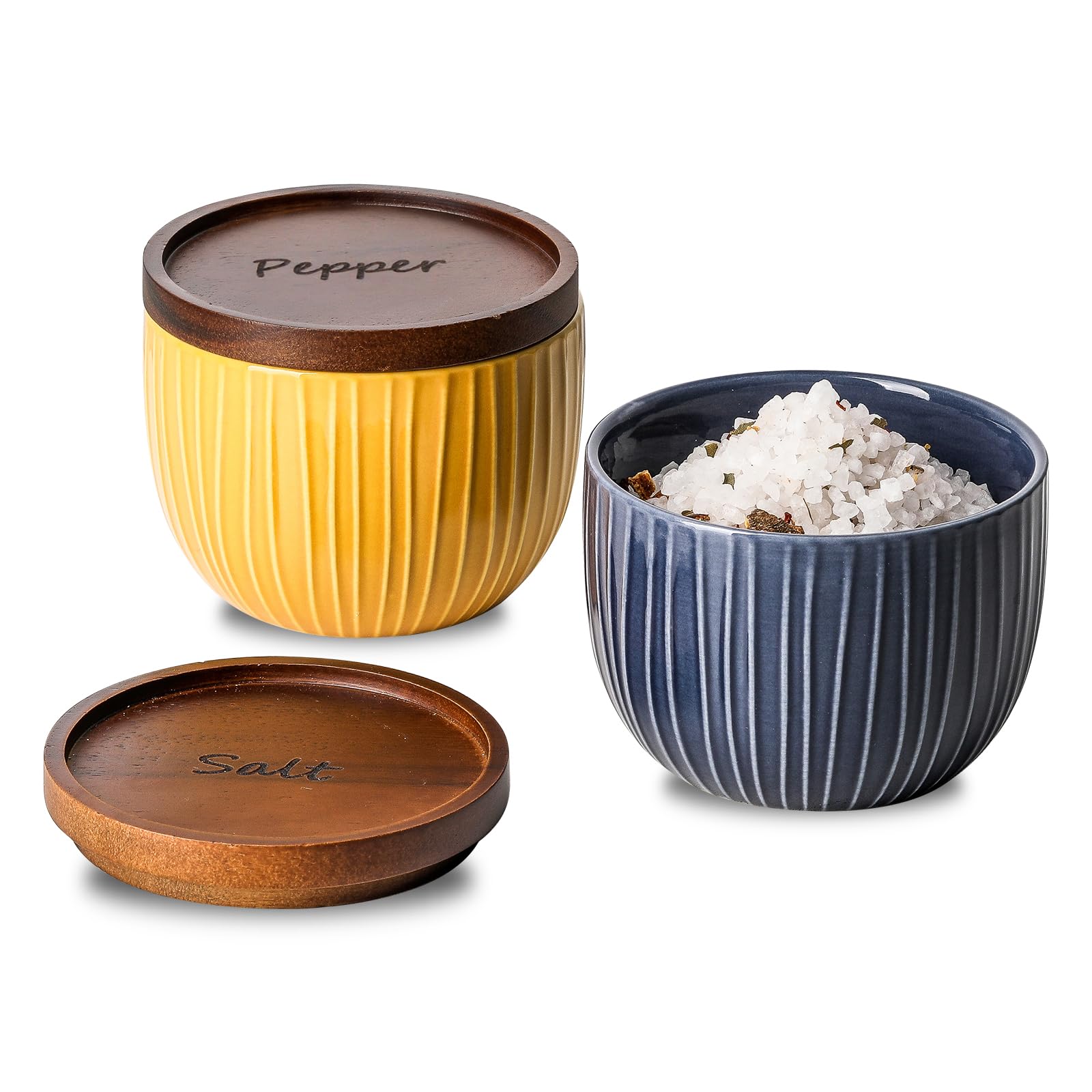 Adewnest Ceramic Salt and Pepper Bowl: 10 oz Farmhouse Style with Removable Wooden Lid - Stackable - Dishwasher Safe - Navy & Yellow