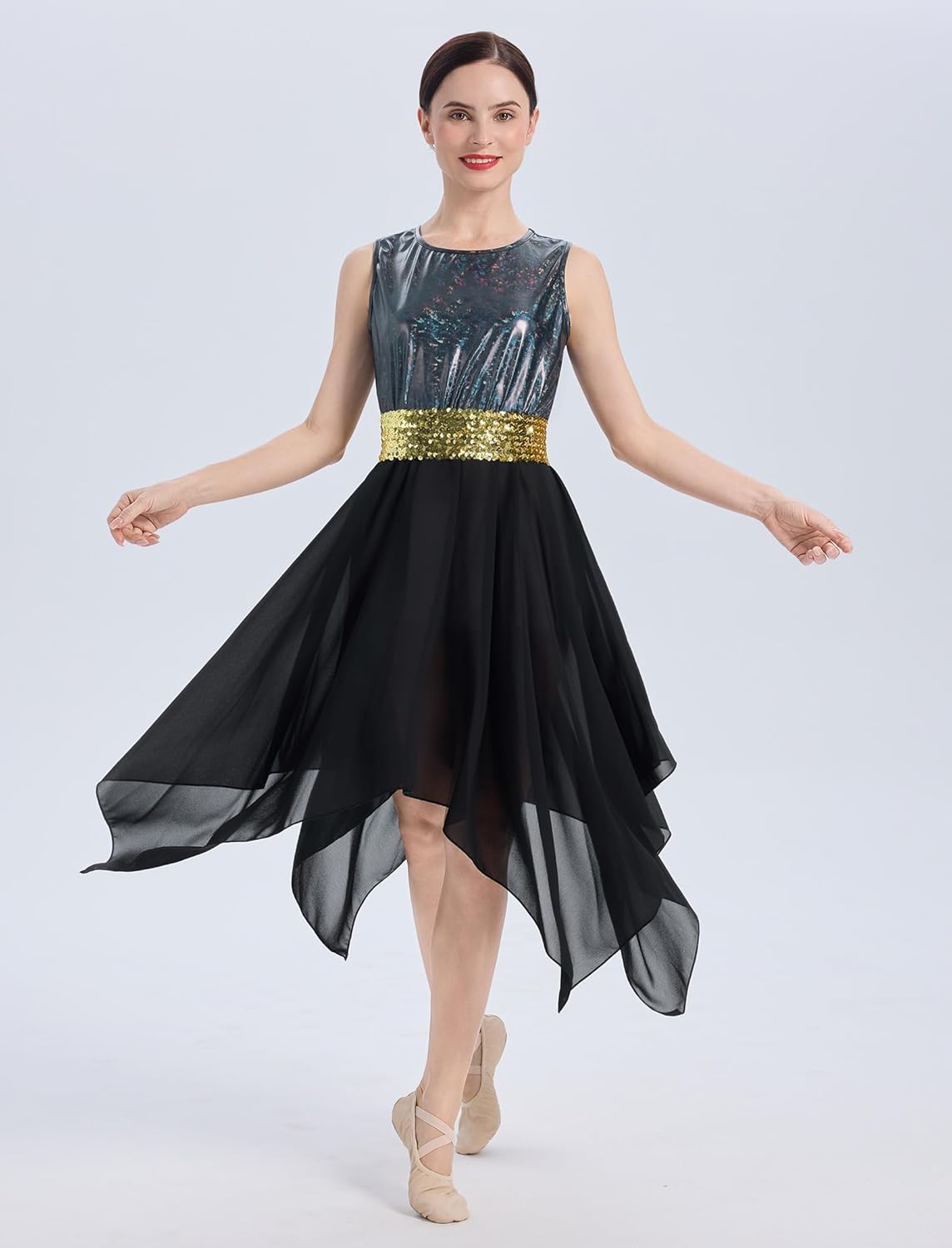ODASDO Praise Dance Dresses for Women Liturgical Dancewear Sleeveless Overlays Color Block Asymmetrical Chiffon Flowy Dress - Image 2