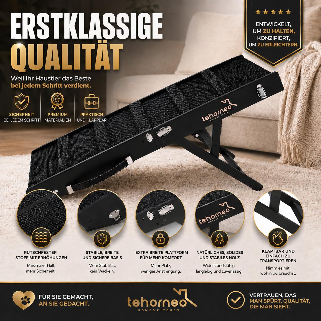 TEHORNEO Hundetreppe für Kleine Hunde, Hunderampe 4 Höhen 25-41 cm, Hunderampe Sofa, Hunde Rampe Bis 20 kg, Hundetreppe, Katzentreppe für Alte Katzen, Katzentreppe, Hunderampe Bett, Dog Ramp